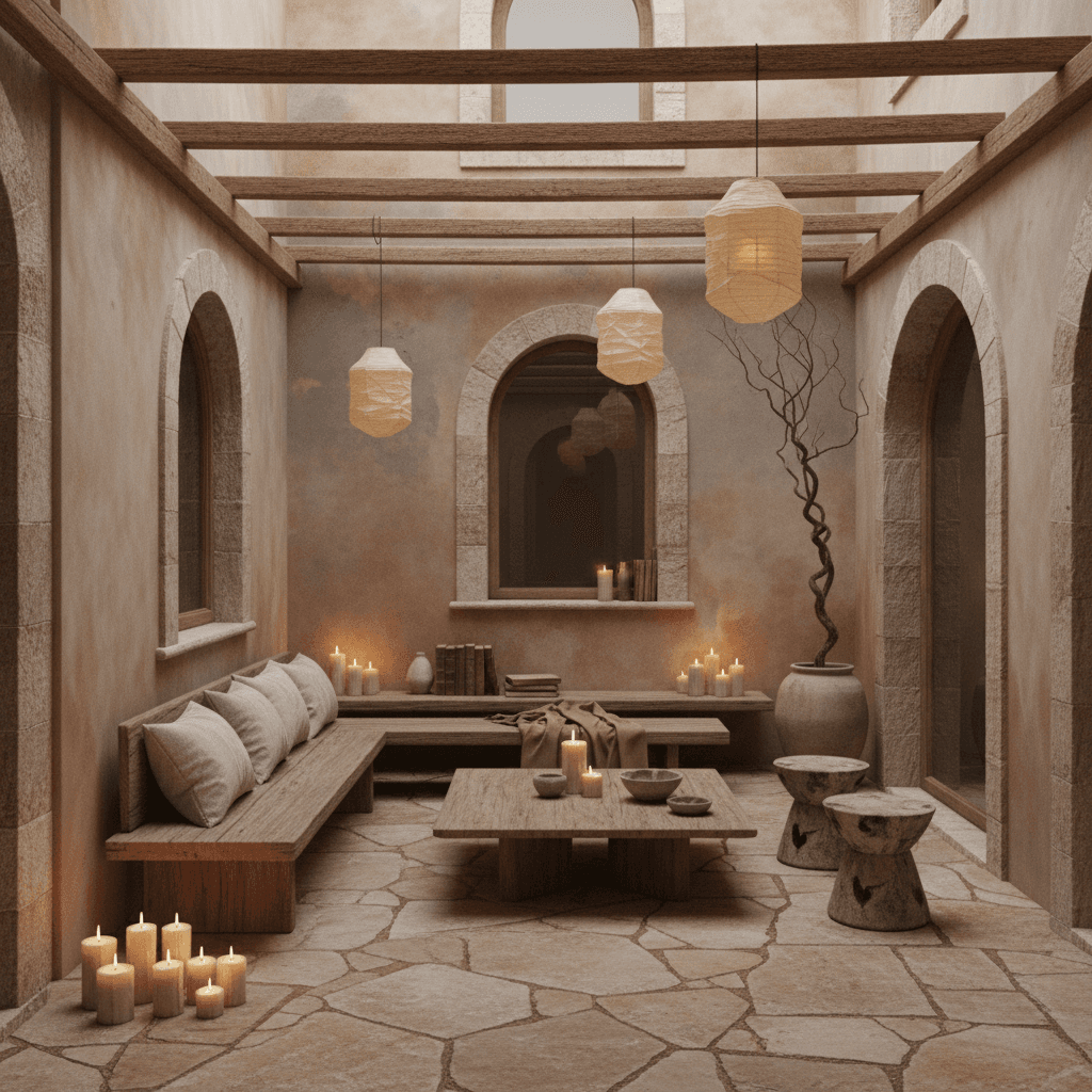 A beautiful Patio designed in Wabi-Sabi style. Transform this interior space into wabi-sabi style while preserving the original room structure, walls, windows, and architectural elements. Use earth tones, limewash finishes and bare wood. Choose crinkled textiles, irregular ceramics and stone. Select simple, low and stable furniture. Let walls breathe with only a few essential objects. Use warm indirect light with candles and paper lamps. Include benches, stools and a single sculptural dry branch for a peaceful, authentic mood. The space features carefully selected furniture, harmonious colors, natural lighting, and thoughtfully placed decorative elements that create a welcoming and aesthetically pleasing atmosphere. - Wabi-Sabi Outdoor Patio designed with AI by Interiores AI