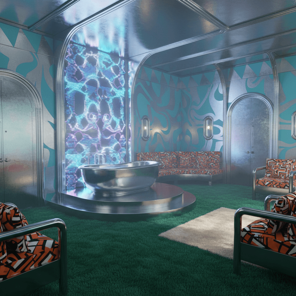 Design a retro-futuristic spa room with a metallic sheen, where polished chrome accents and geometric patterns evoke a sense of nostalgia for a bygone era. Walls adorned with a swirling pattern of turquoise and silver hues, reminiscent of vintage sci-fi illustrations. The floor is covered in a plush, emerald green carpet that contrasts with the space's metallic tones. A floor-to-ceiling LED light installation in a geometric shape, with pulsing blue and purple hues, casts a mesmerizing glow. A curved, chrome-plated tub sits atop a raised platform, surrounded by a crescent-shaped seating area upholstered in a bold, geometric pattern. Soft, retro-inspired seating areas with chunky, chrome frames invite relaxation, while geometric-patterned throw pillows and a faux fur rug add warmth to the space. The air is filled with the scent of eucalyptus and citrus, and ambient music plays a hypnotic, electronic soundtrack. - Retro Futuristic Spa / Sauna designed with AI by Interiores AI