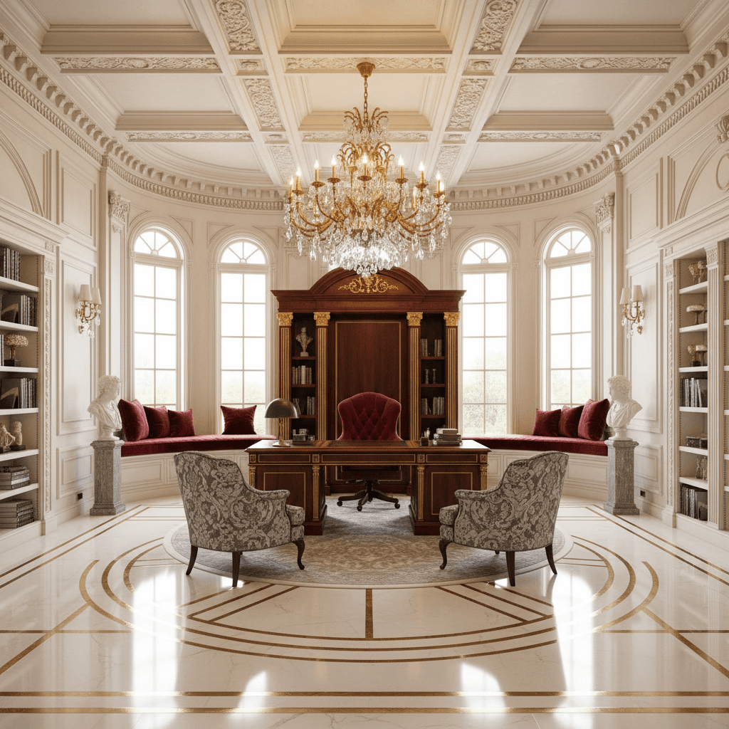 Generate an interior design for a Home Office in Neoclassical style, featuring a large, cream-colored marble floor, adorned with a geometric pattern of white and gold inlays. The walls are painted a soft, creamy white and adorned with intricate, gilded moldings. A floor-to-ceiling, curved window seat in a rich, dark wood, upholstered in a deep, crimson velvet, occupies one wall, while a stunning, crystal chandelier in a classical design hangs from the ceiling. The room is illuminated by a combination of warm, golden lighting and soft, natural light filtering through the windows. The desk, crafted from a rich, dark wood, features a high, curved, gilded frame, and is surrounded by comfortable, oversized armchairs upholstered in a subtle, gray-and-white pattern. - Neoclassical Office / Home Office designed with AI by Interiores AI