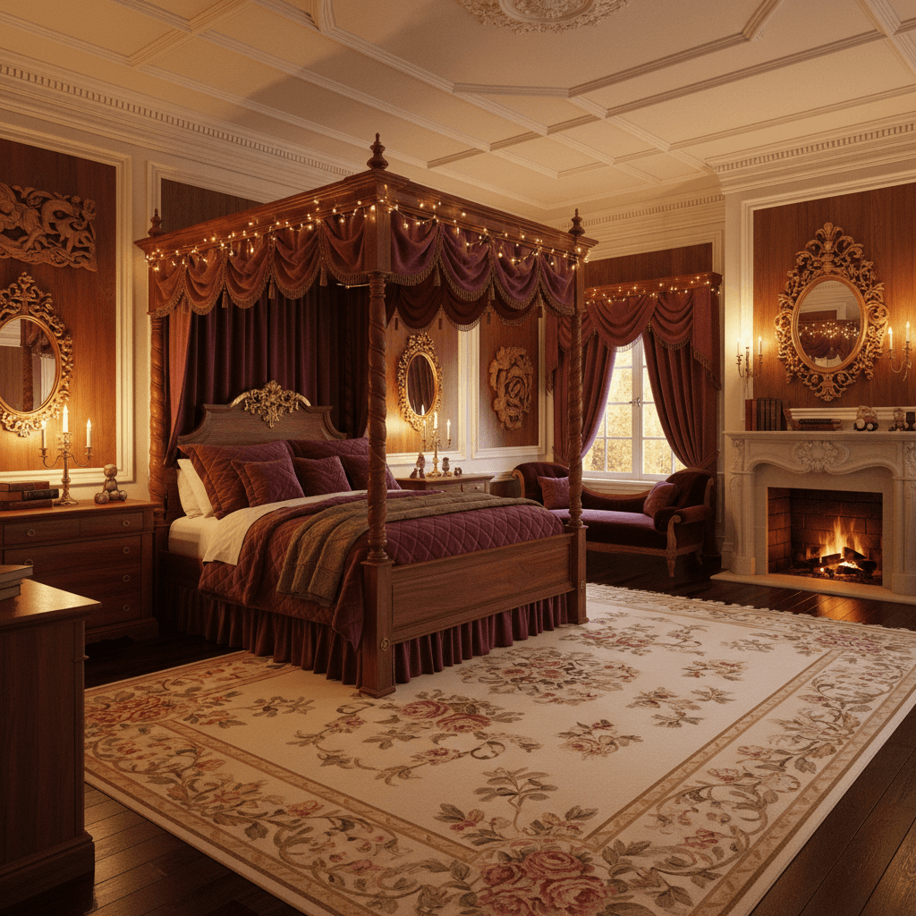 Design a traditional kids' bedroom with a warm and inviting atmosphere, featuring a rich wood tone paneling on the walls, complemented by creamy white trim and molding. The floor is made of dark hardwood, while the furniture is upholstered in a plush, burgundy velvet fabric. A classic four-poster bed with intricate carvings and golden accents sits against a wall, surrounded by a plush area rug in a soft, muted floral pattern. The room is illuminated by warm, soft candlelight and twinkling string lights, casting a cozy glow on the space. The walls are adorned with traditional, ornate mirrors and ornamental wooden wall art, adding to the room's sense of luxury and timelessness. - Traditional Master Bedroom designed with AI by Interiores AI