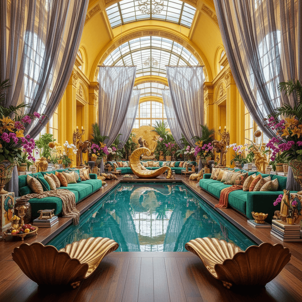 Design a Pool Area that embodies opulence and extravagance, characteristic of the Maximalist style. The space is flooded with natural light, pouring in through a glass ceiling above the infinity pool. Walls are painted a warm, sunny yellow, while the floors are made of rich, dark hardwood. Plush, oversized sectionals in vibrant emerald green and turquoise are arranged around the pool, adorned with intricately patterned pillows and throws in metallic gold and copper. A sprawling chaise lounge, shaped like a giant leaf, adds a touch of whimsy, while a dramatic, floor-to-ceiling curtain made of iridescent tulle filters the light and creates a sense of drama. The atmosphere is lush and decadent, with lush greenery and colorful flowers spilling from ornate planters and vases. A pair of gleaming, bronze sun loungers stand sentinel at either end of the pool, their seats shaped like sculptural seashells. - Maximalist Pool designed with AI by Interiores AI