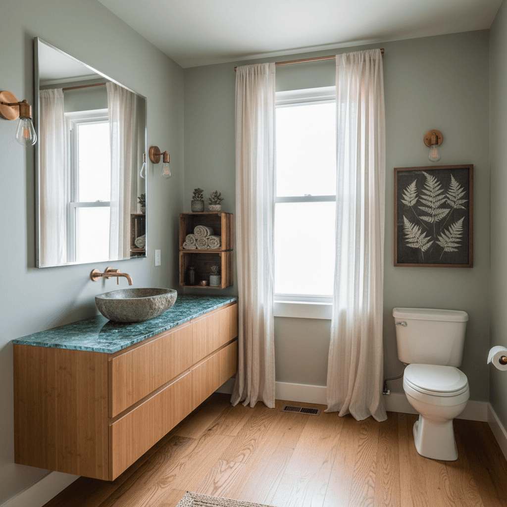 A beautiful Powder Room designed in Eco Friendly style. Restyle this room with eco-friendly design while keeping walls and layout. Use sustainable woods, recycled materials, low-VOC finishes, energy-efficient lighting, and natural fabrics. Maximize daylight and cross-ventilation for a low-impact, calm space. The space features carefully selected furniture, harmonious colors, natural lighting, and thoughtfully placed decorative elements that create a welcoming and aesthetically pleasing atmosphere. - Eco Friendly Powder Room designed with AI by Interiores AI