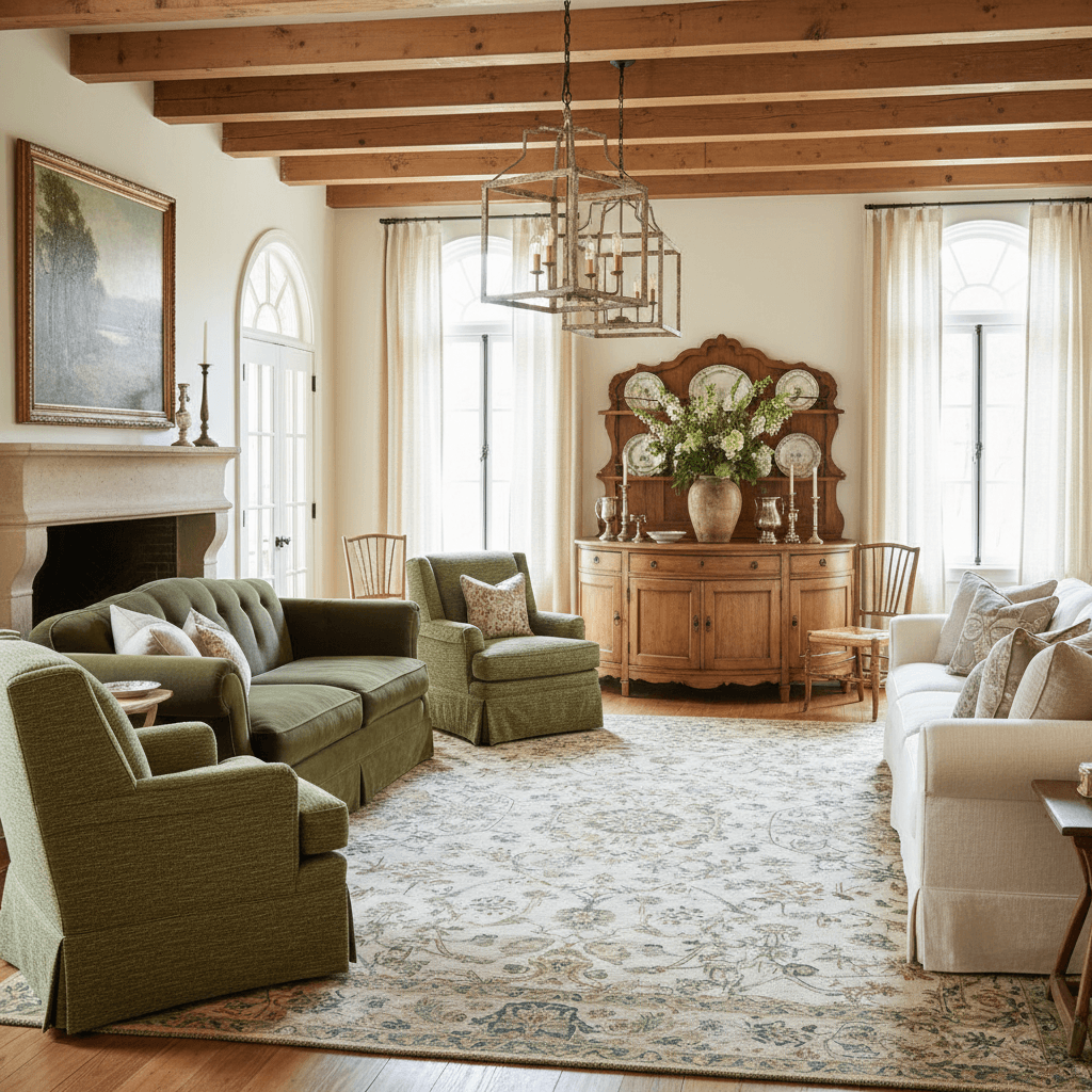 Design a warm and inviting French Country-style dining room with rustic charm. The space features a soft, creamy white (Benjamin Moore's Simply White) on the walls and warm honey-colored (Minwax Dark Walnut) on the wooden beams and furniture. A rich, dark green (Farrow & Ball's Sage) velvet sofa is arranged in a conversational circle, anchored by a plush, oversized armchair in a matching green fabric. Exposed wooden beams support a show-stopping chandelier made from distressed metal lanterns and warm, golden lighting. A plush, cream-colored (Schumacher's Linen) sectional sofa is placed against one wall, adorned with an elegant, curved wooden buffet in a warm, honey-colored finish. The floor is covered in a plush, neutral-colored (Morris & Co.'s Aubusson) area rug with a subtle, floral pattern. - French Country Dining Room designed with AI by Interiores AI