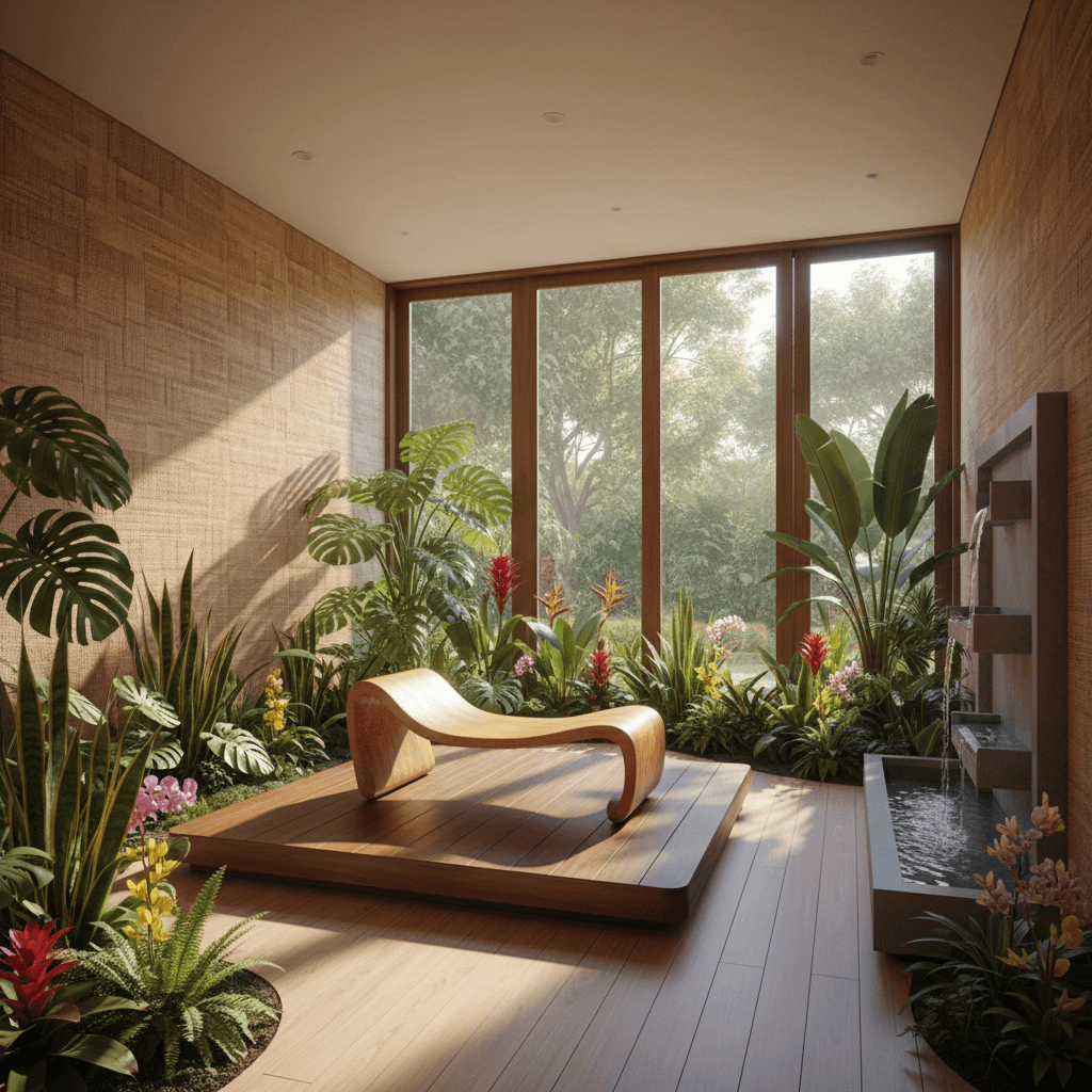Create a serene Meditation Room in the style of Brazilian modernism, characterized by clean lines, organic curves, and a harmonious blend of natural materials. The space features a low-slung, wooden platform with a minimalist, hand-carved wooden meditation bench, set amidst a lush, tropical garden filled with vibrant greenery and exotic flowers. The walls are adorned with natural fibers, such as woven reed or rattan, in earthy tones, with large windows that filter the warm Brazilian sunlight, casting dappled shadows on the floor. The air is filled with the sweet scent of frangipani and the soft chirping of tropical birds, as the soothing sounds of a gentle water feature create a calming ambiance. - Brazilian Meditation Room designed with AI by Interiores AI
