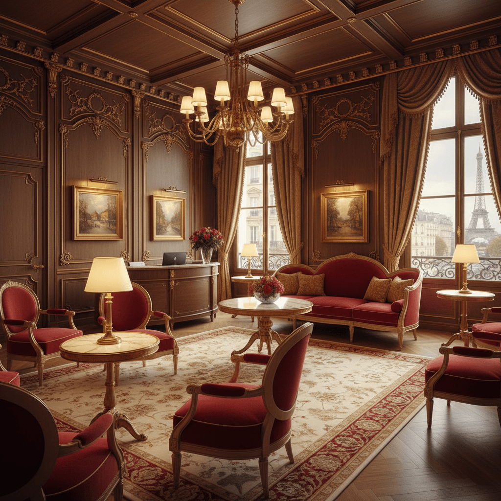 Design a Medical Office in the heart of Paris, evoking the elegance and sophistication of the City of Light. Create a space with a warm, inviting atmosphere, featuring rich, earthy tones and luxurious materials. Incorporate ornate, gilded accents and intricate moldings, reminiscent of 19th-century French architecture. Soft, creamy lighting and plush, velvet upholstery adorn a rich, dark wood paneling, complemented by elegant, curved lines and classic, Art Nouveau-inspired furniture. Rich reds and soft golds dominate the color palette, evoking the iconic landmarks and heritage of Paris. - Parisian Medical Office designed with AI by Interiores AI