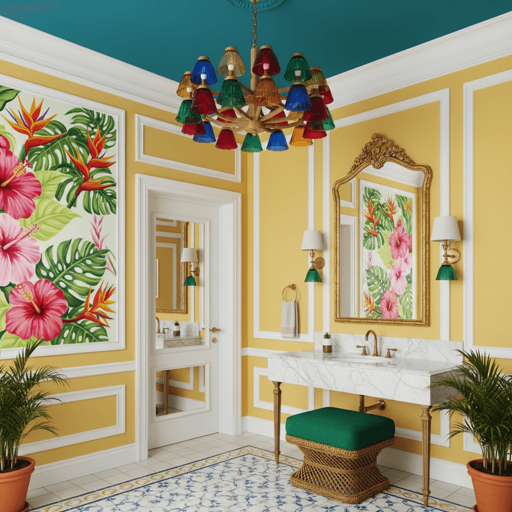Create a Powder Room in the vibrant Brasilero style, inspired by the colorful streets of Rio de Janeiro. The space features a bold, turquoise blue ceiling, reminiscent of the Atlantic Ocean. Walls are painted a warm, sunny yellow, with crisp white trim and decorative moldings. A stunning, hand-painted mural of Brazilian flowers and foliage adorns one wall, in shades of pink, orange, and green. A sleek, white marble vanity with a gold-toned faucet and mirror reflects the bright, tropical atmosphere. A plush, emerald green ottoman in a natural fiber finish sits at the foot of the vanity, adding a pop of color and comfort. The space is illuminated by a stunning, chandelier-style light fixture featuring brightly colored, glass shades and a wooden base. The overall atmosphere is lively, energetic, and quintessentially Brazilian. - Brazilian Powder Room designed with AI by Interiores AI