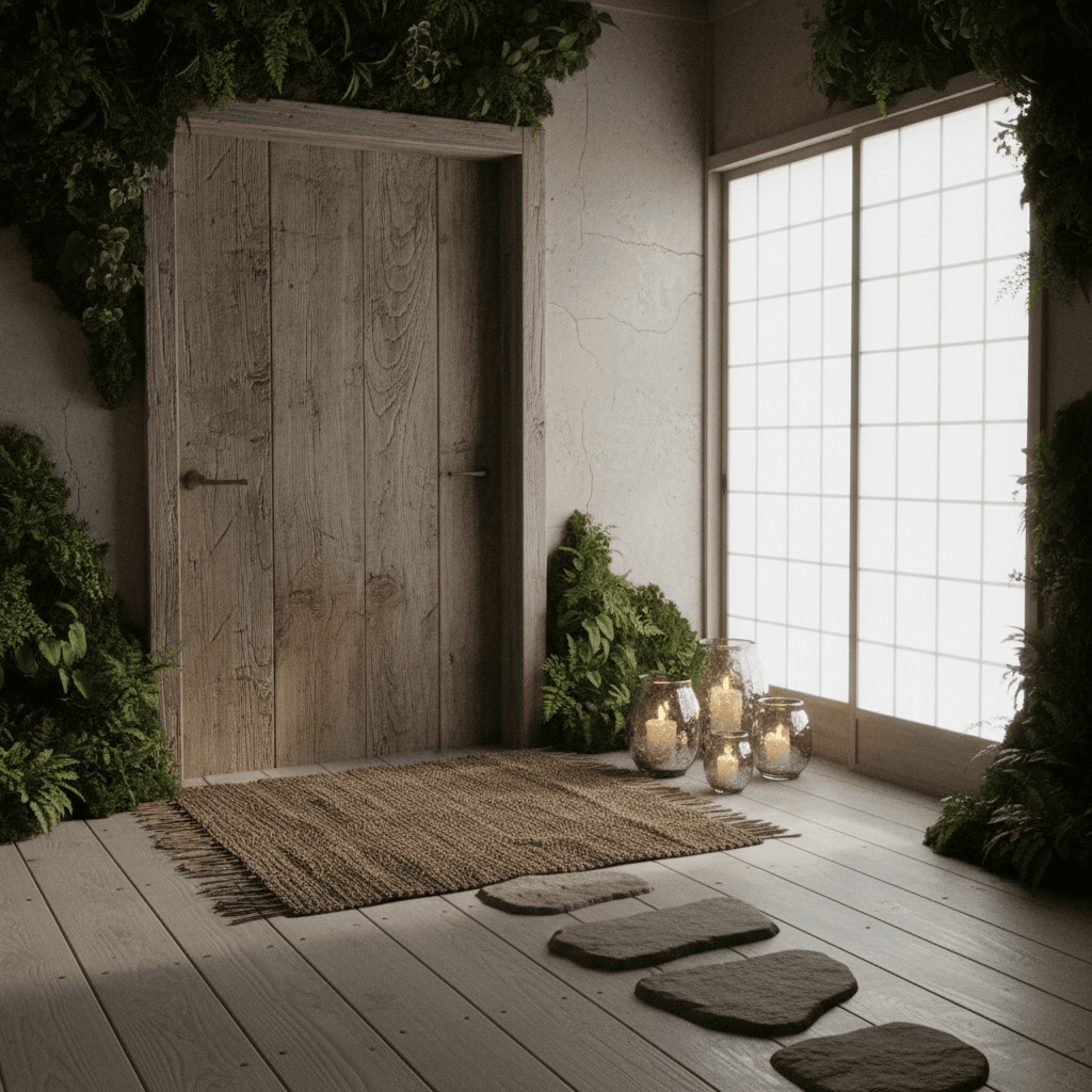 Design a serene Wabi-Sabi entrance with natural materials, soft lighting, and imperfections. The space features a reclaimed wood door with a distressed finish, wrapped in a woven jute rug in a muted brown hue. Shoji screens in a soft white finish filter the natural light, while a few strategically placed candles in mercury glass holders cast warm, golden tones on the walls. The floor is made of polished cypress wood, weathered to a soft silver-gray, and adorned with a few carefully placed, natural stone stepping stones. A living green wall in a subtle moss color surrounds the entrance, bringing in a touch of organic beauty. The overall atmosphere is one of gentle, understated elegance, inviting the visitor to slow down and appreciate the beauty of imperfection. - Wabi-Sabi Entrance / Porch designed with AI by Interiores AI