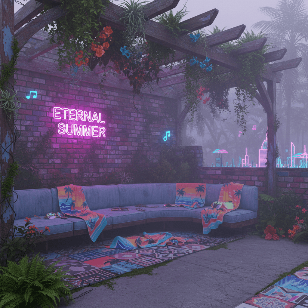 Design a Vaporwave-inspired terrace with a distressed, retro-futuristic aesthetic, set amidst a lush, overgrown garden. The walls are clad in weathered, pastel-colored brick, with vines and moss crawling up the facade. A worn, wooden pergola provides dappled shade, supporting a tangle of ferns and flowering plants. The floor is made of worn, gray concrete, with intricate, hand-painted tiles depicting futuristic cityscapes. A battered, neon-lit sign reads "Eternal Summer" in flickering, pink letters. A low, curved sofa in a faded, powder blue hue is scattered with discarded, retro-themed beach towels and oversized, mirrored sunglasses. The atmosphere is languid, with a haze of fog and a distant, synth-heavy soundtrack. - Vaporwave Terrace designed with AI by Interiores AI