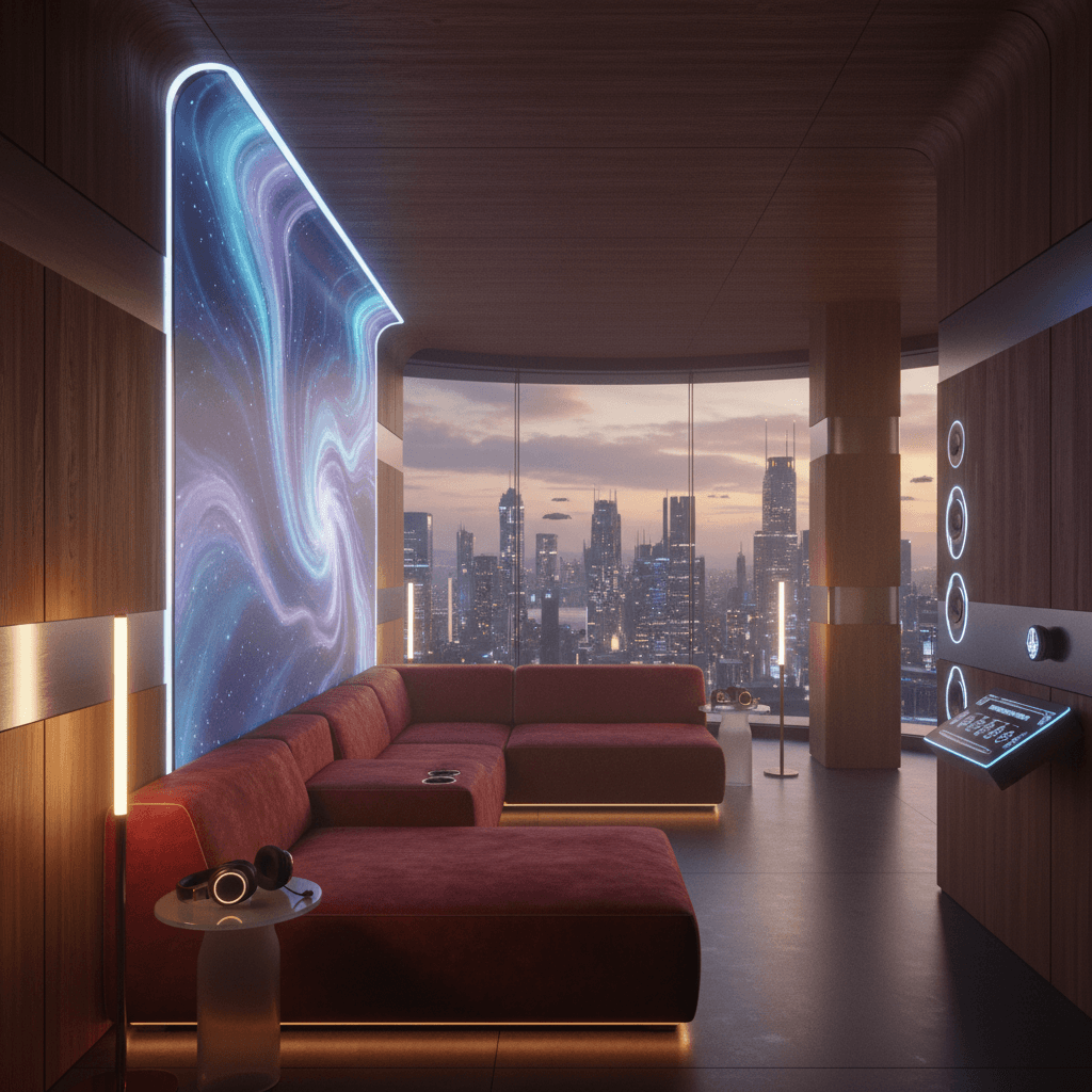 Imagine a serene oasis within a high-tech gaming lair, where the boundaries between relaxation and gaming blur. The Spa Room is a futuristic retreat designed for gamers seeking a post-game unwind. Soothing colors and textures envelop the space, providing a tranquil escape from the digital world. Walls are clad in warm, rich wood paneling, complemented by sleek, high-gloss metallic accents. A floor-to-ceiling LED light installation, programmed to shift between calming blues and vibrant purples, simulates a nebula's gentle glow. A plush, oversized sectional sofa in a deep, berry-red hue is situated before a floor-to-ceiling, curved glass window, framing a stunning cityscape at dusk. A state-of-the-art, voice-controlled sound system and a console for custom meditation sessions dominate one wall. Soft, ambient lighting emanates from a series of minimalist, ambient floor lamps, casting a warm glow across the space. The air is filled with the sweet scent of eucalyptus - Gaming Room Spa / Sauna designed with AI by Interiores AI