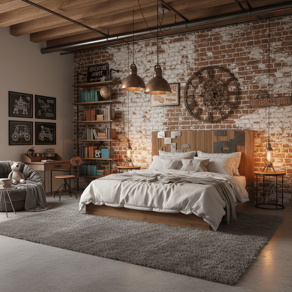 Create a Kids Bedroom with Soft Industrial style, featuring exposed brick walls, a plush area rug in a muted gray tone, and metal accents in a warm, brushed finish. The walls are painted a warm white, with visible wooden beams and metal pipes adding a touch of ruggedness. A comfortable, oversized platform bed is dressed in a natural fiber linen duvet, with metal bedside lamps and a reclaimed wood headboard. Soft, warm lighting is provided by pendant lamps made from vintage metal shades and Edison bulbs. A small, wooden desk with a metal chair adds a functional touch, while a floor-to-ceiling bookshelf is filled with leather-bound books and decorative metal signs. The room is completed with a few, carefully placed industrial-style art pieces and a cozy reading nook with a oversized, stuffed armchair. - Soft Industrial Kids Bedroom designed with AI by Interiores AI