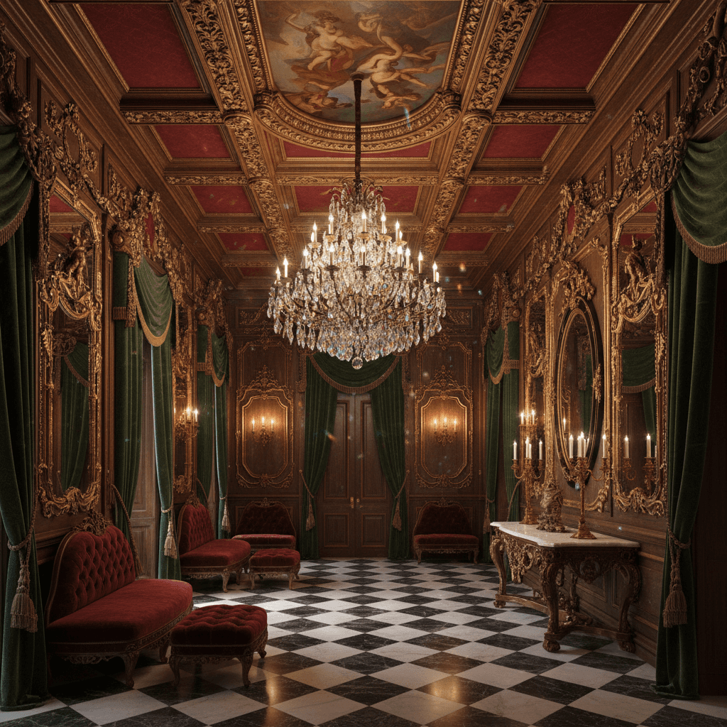 Design an opulent Baroque-style entrance foyer with a soaring ceiling, intricately carved wooden paneling, and lavish furnishings. The space is painted a rich, deep crimson, while walls are adorned with ornate gilded mirrors and velvety drapes in a deep emerald green. A majestic chandelier made of crystal and bronze hangs from the ceiling, casting a kaleidoscope of colors across the room. Plush red velvet banquettes and matching ottomans line one wall, while a stunning marble-topped console table bears a polished ebony mirror and two candelabras. The atmosphere is one of grandeur and drama, with the sound of soft classical music drifting through the air, as if from a bygone era. - Baroque Entrance / Porch designed with AI by Interiores AI