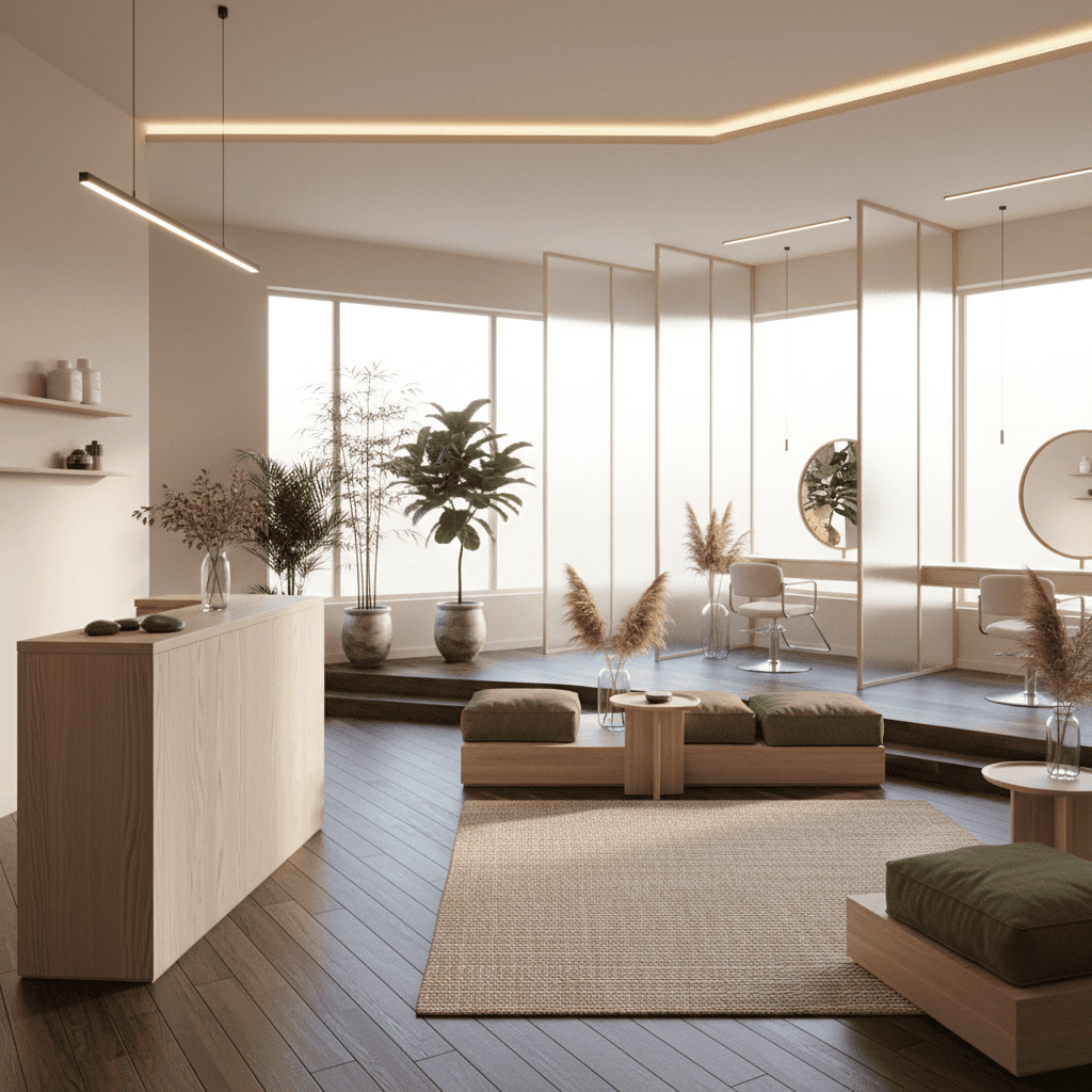 Design a serene Hair Salon in Natural Japandi style, featuring a calming atmosphere and minimalist aesthetic. The space is surrounded by a large window that floods the room with natural light, illuminating a sleek, light-wooden reception desk made from Japanese cedar. The walls are painted a soothing beige, while the floor is covered in a rich, dark hardwood, complemented by a few carefully placed potted plants. Low-seating areas are defined by natural-fiber cushions in a muted, moss-green hue, inviting clients to relax during their appointments. The color palette is predominantly neutral, with pops of creamy white and weathered wood tones. Soft, warm LED lighting subtly highlights the beauty of the clients' hair, while a natural fiber rug in a subtle texture adds warmth and tactility to the space. - Natural Japandi Hair Salon / Barbershop designed with AI by Interiores AI