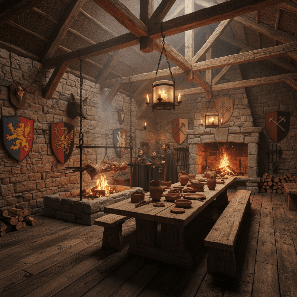 Generate an interior design for a medieval-style barbecue area, set amidst a rustic stone courtyard. The space features rough-hewn wooden beams, exposed thatched roof, and earth-toned stone walls. Wooden planks adorn the floor, worn from years of use. The air is thick with the scent of woodsmoke and roasting meats. Hang iron lanterns with lantern-style glass holders from wooden beams, and a large wooden table, adorned with clay jugs and wooden utensils, serves as the central gathering point. The walls are adorned with hunting trophies and medieval coats of arms. A large stone fireplace crackles with flames, casting a warm glow over the space. - Medieval Barbecue Area designed with AI by Interiores AI