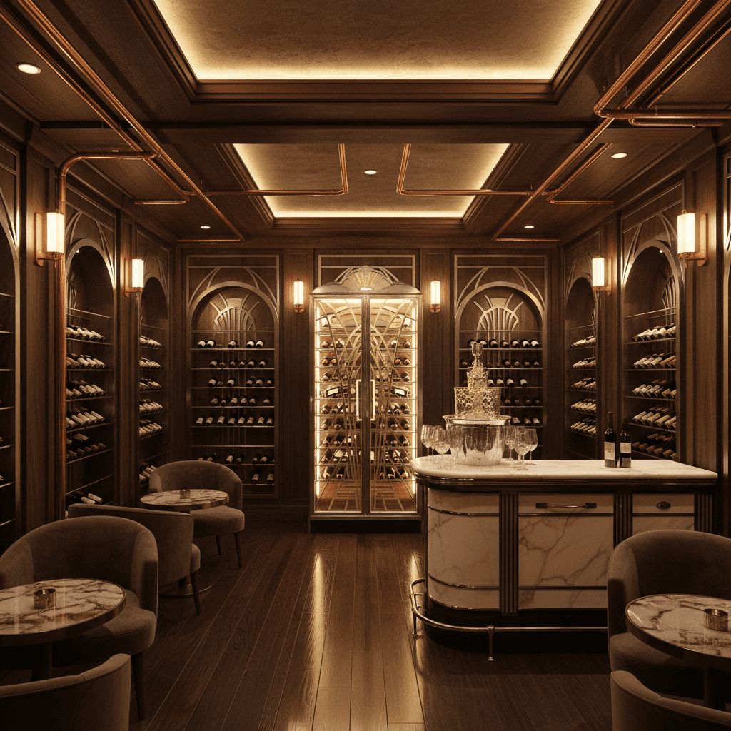 Imagine a Wine Cellar with a rich Art Deco flair, where dark wood and metallic accents evoke the opulence of a bygone era. Rich walnut paneling covers the walls, adorned with intricate geometric patterns, while the floor is made of polished dark hardwood. A stunning leaded glass wine cabinet stands at the center, its metallic inlays shimmering in shades of gold and silver. Creamy white marble tops a sleek, low-slung bar, where a champagne fountain bubbles away, surrounded by vintage-inspired chrome accents. Soft, warm lighting pours in from above, casting a luxurious glow on the space, where rows of richly-stocked wine racks and gleaming copper pipes create a sophisticated, exclusive atmosphere, perfect for sipping fine vintages amidst the glamour of the Roaring Twenties. - Art Deco Wine Cellar designed with AI by Interiores AI