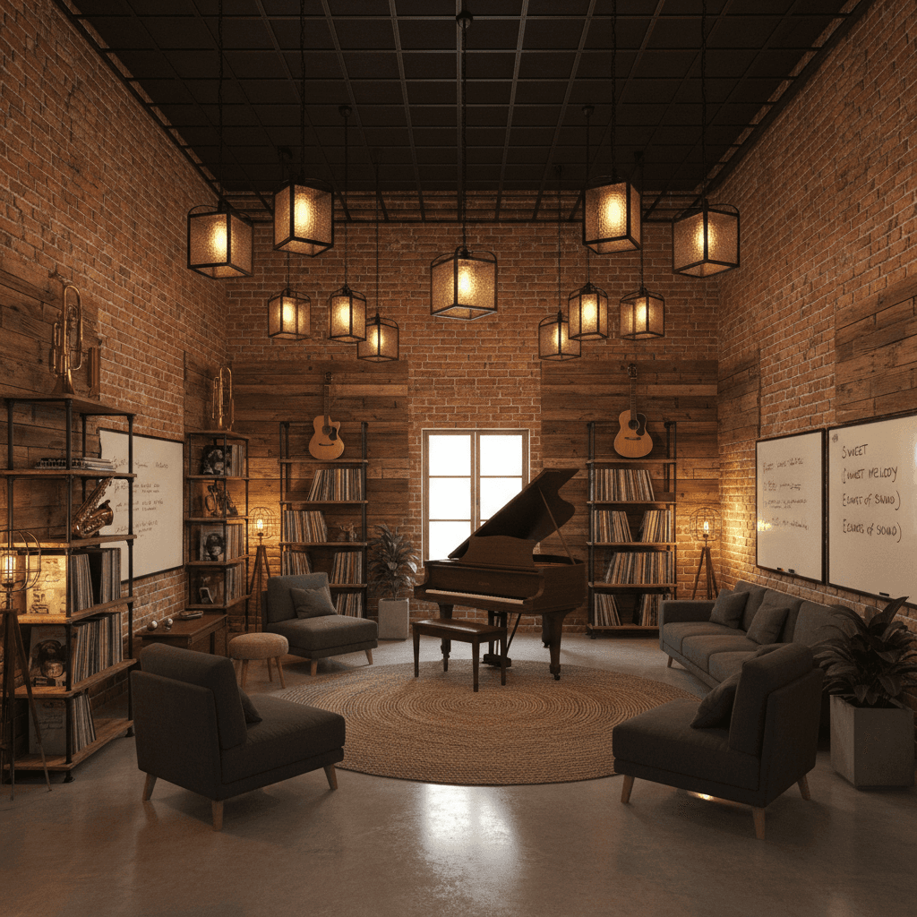 Design a Music Room in Soft Industrial style, featuring exposed brick walls, polished concrete floors, and a ceiling with a metal grid. The space is filled with warm, golden lighting emanating from pendant lamps made of metal and glass. The walls are adorned with reclaimed wood accents and metal shelving units, housing vinyl records and vintage musical instruments. Comfortable, low-slung sofas and armchairs are upholstered in a rich, dark grey fabric, while a vintage wooden piano sits at the room's center, its polished surface reflecting the soft, industrial glow. The room's atmosphere is cozy and intimate, with a few scattered musical notes and lyrics scrawled on whiteboards, adding a touch of creativity and playfulness. - Soft Industrial Music Room / Studio designed with AI by Interiores AI