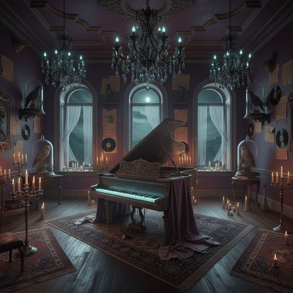 Design a dimly lit Music Room with a hauntingly elegant atmosphere, reminiscent of a spooky mansion. The walls are painted a deep, rich purple, while the floor creaks underfoot with worn, dark hardwood planks. Cobweb-draped chandeliers hang from the ceiling, their crystals casting an eerie glow. Vintage music sheets and old vinyl records adorn the walls, alongside taxidermied birds with glassy eyes, adding a touch of morbid whimsy. A grand, velvet-draped piano sits at the room's center, its black and white keys glowing like a skeletal hand. Soft, flickering candlelight casts shadows on the walls, while a howling wind whisks through the open windows, evoking the spirits of forgotten melodies. - Halloween Music Room / Studio designed with AI by Interiores AI