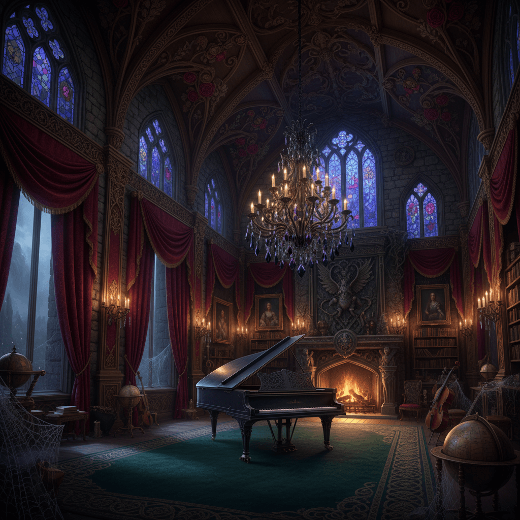 Design a Gothic-inspired Music Room with rich, dark hues and ornate details. The room features stone walls with crimson and gold accents, and a vaulted ceiling adorned with intricate wooden carvings and stained glass windows filtering in hues of indigo and purple. Plush, velvety curtains in deep crimson drapery frame floor-to-ceiling windows, while a stunning chandelier made of black iron and crystals hangs above a grand, Gothic-arched piano. The floor is covered with a plush, dark green carpet, and the walls are adorned with cobweb-draped candelabras, old portraits, and mysterious, leather-bound books. A majestic, stone fireplace dominates one wall, with a roaring, blue-lit fire crackling on a chilly evening, casting a warm, golden glow throughout the room. - Gothic Music Room / Studio designed with AI by Interiores AI