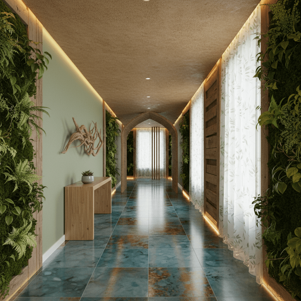 Design a serene and sustainable eco-friendly hallway with a calming natural color palette, featuring reclaimed wood accents, living green walls, and a statement floor made from 100% recycled glass. Soft, warm LED lighting with a subtle color temperature of 2700K is installed, complemented by sheer white curtains with a subtle leaf pattern. A minimalist wooden console table made from FSC-certified wood and topped with a small potted succulent adds a touch of greenery. The walls are painted a soothing sage green (Sherwin-Williams "Sea Salt"), while the ceiling is finished with a textured, earthy-toned plaster. A stunning piece of driftwood sculpture hangs above the console table, adding an organic element to the space. The overall atmosphere is peaceful, calming, and connected to nature. - Eco Friendly Hallway designed with AI by Interiores AI