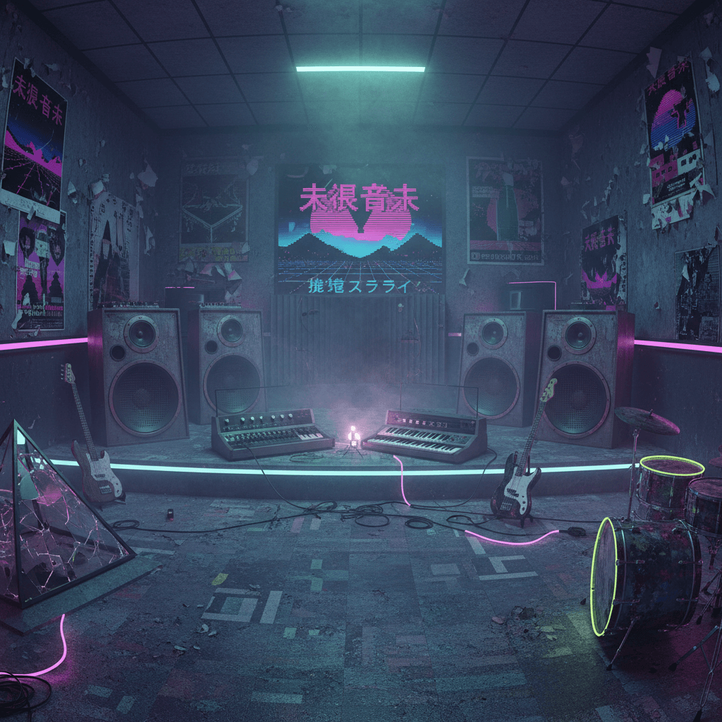Generate a futuristic, dystopian recording studio in a Vaporwave-inspired aesthetic. The space features a predominantly neon-lit, dark blue-gray color scheme with splashes of pink, purple, and green. The walls are adorned with distressed, retro-futuristic advertisements and Japanese characters, while the floor is covered in a textured, industrial-style vinyl. A fog machine emits a misty, ethereal atmosphere, and the air is thick with the scent of incense. A collection of vintage, oversized speakers and distressed, metallic instruments are scattered throughout the space, including a faded, analog synthesizer and a retro-style drum machine. The overall atmosphere is one of decayed futurism, blending elements of 80s nostalgia with a sense of disintegrating technological utopia. - Vaporwave Recording Studio / Streaming designed with AI by Interiores AI