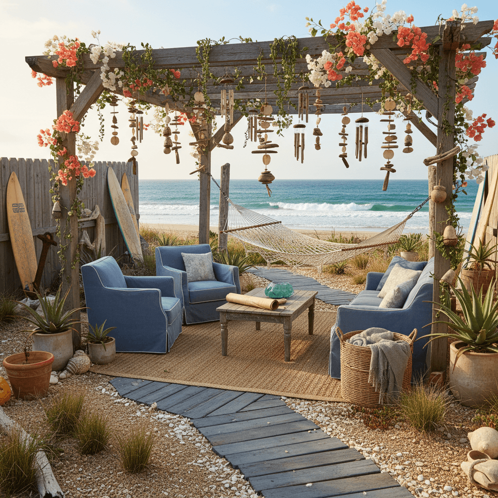 Design a seaside retreat garden in a Surf Shack style, blending coastal charm with eclectic coastal vibes. Incorporate weathered wood accents, driftwood furniture, and natural textures like woven sea grass and jute. Soft blues and sandy neutrals dominate the color palette, with pops of coral and driftwood gray. Hang a reclaimed wood pergola adorned with wind chimes and lush greenery, while a natural fiber rug in a distressed finish defines the seating area. A hammock suspended between two wooden posts beckons relaxation, and a distressed wood coffee table holds a vintage nautical map. - Surf Shack Garden designed with AI by Interiores AI