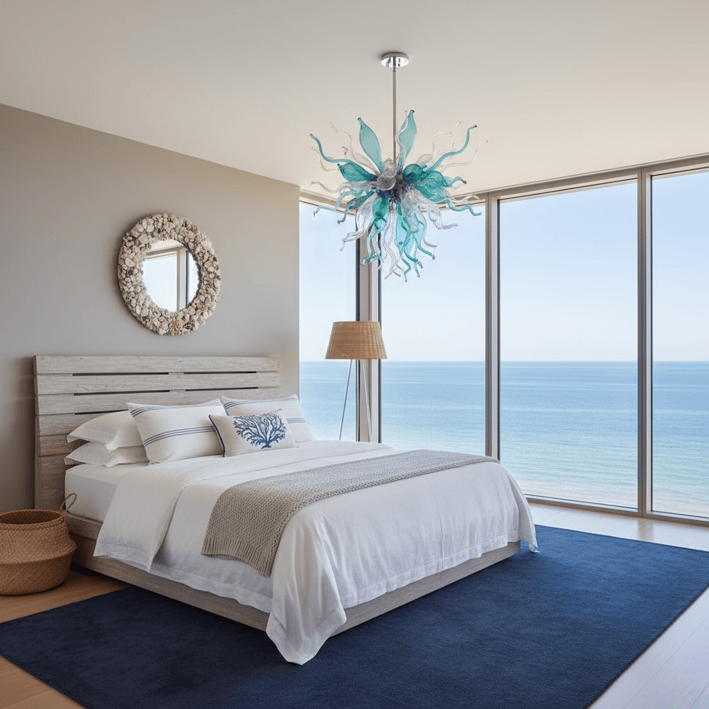 Design a serene Master Bedroom in Modern Coastal style, evoking the calming essence of a seaside retreat. The room features a soothing color palette with soft blues and whites, reminiscent of sea foam and cloudless skies. Walls are painted a gentle "Driftwood" gray, while the ceiling is a crisp white. Floor-to-ceiling windows allow natural light to pour in, framing the ocean views through large glass panels. A plush area rug in a subtle navy blue hue adds warmth underfoot. A minimalist wooden headboard in a weathered finish stands behind a plush king-size bed, dressed in crisp white linens and adorned with a few carefully placed nautical accents, such as a shell-adorned mirror and a woven sea grass basket. A floor lamp with a frosted glass shade and a woven rattan base provides warm, soft light, while a statement piece, a large, abstract glass chandelier in shades of aqua and turquoise, adds a touch of coastal chic to the room. The - Modern Coastal Master Bedroom designed with AI by Interiores AI