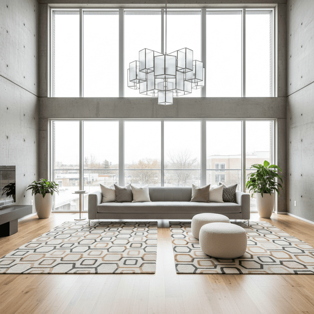 Create a sleek and airy Modern Contemporary living room with a 12-foot ceiling, featuring a neutral color palette of creamy whites, soft grays, and taupe. Exposed concrete walls are accentuated with geometric-patterned area rugs in warm beige and charcoal tones. A statement piece is a low-slung, minimalist sofa in a light gray hue, upholstered in a luxurious velvet fabric. Floor-to-ceiling windows flood the space with natural light, while a show-stopping chandelier in polished chrome and frosted glass hangs above the seating area. Plush throw pillows and ottomans in complementary textures add depth and visual interest. - Modern Contemporary Main Living Room designed with AI by Interiores AI