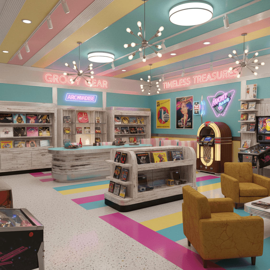 Create a retro-style retail store with a nostalgic atmosphere, featuring a pastel color palette, chrome accents, and vintage fixtures. The space should evoke the feeling of a classic 50s or 60s diner, with a sleek, modern twist. Incorporate nostalgic details such as vinyl records, vintage advertisements, and classic video games. Use distressed wood accents and worn leather armchairs to add a sense of age and character. Incorporate bold, geometric patterns and bright, bold colors like turquoise, pink, and yellow, reminiscent of vintage signage and packaging. The lighting should be bright and energetic, with a focus on neon signs and sputnik chandeliers. - Retro Retail Store designed with AI by Interiores AI