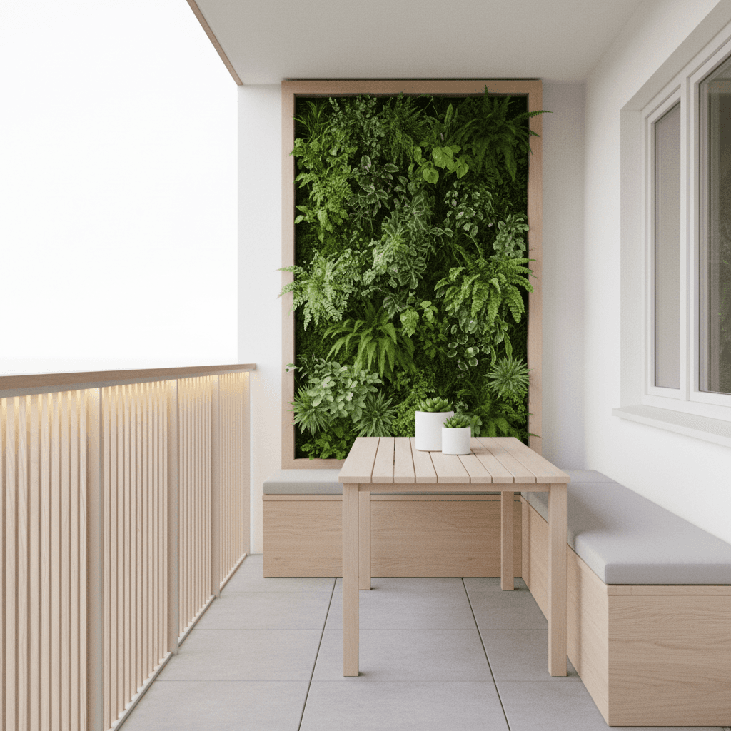 Generate a minimalist balcony design in a Bright Scandinavian style, featuring a compact, rectangular space with a south-facing orientation. Incorporate a combination of light wood tones, white, and pale gray hues. Install a minimalist wooden railing with horizontal slats and a sleek, low-profile table with a built-in bench. Add a statement piece, a floor-to-ceiling living wall planter in a natural wood frame, filled with lush greenery. Incorporate warm, soft lighting through a series of small LED tape lights embedded in the railing, casting a gentle glow on the space. - Bright Scandinavian Balcony designed with AI by Interiores AI