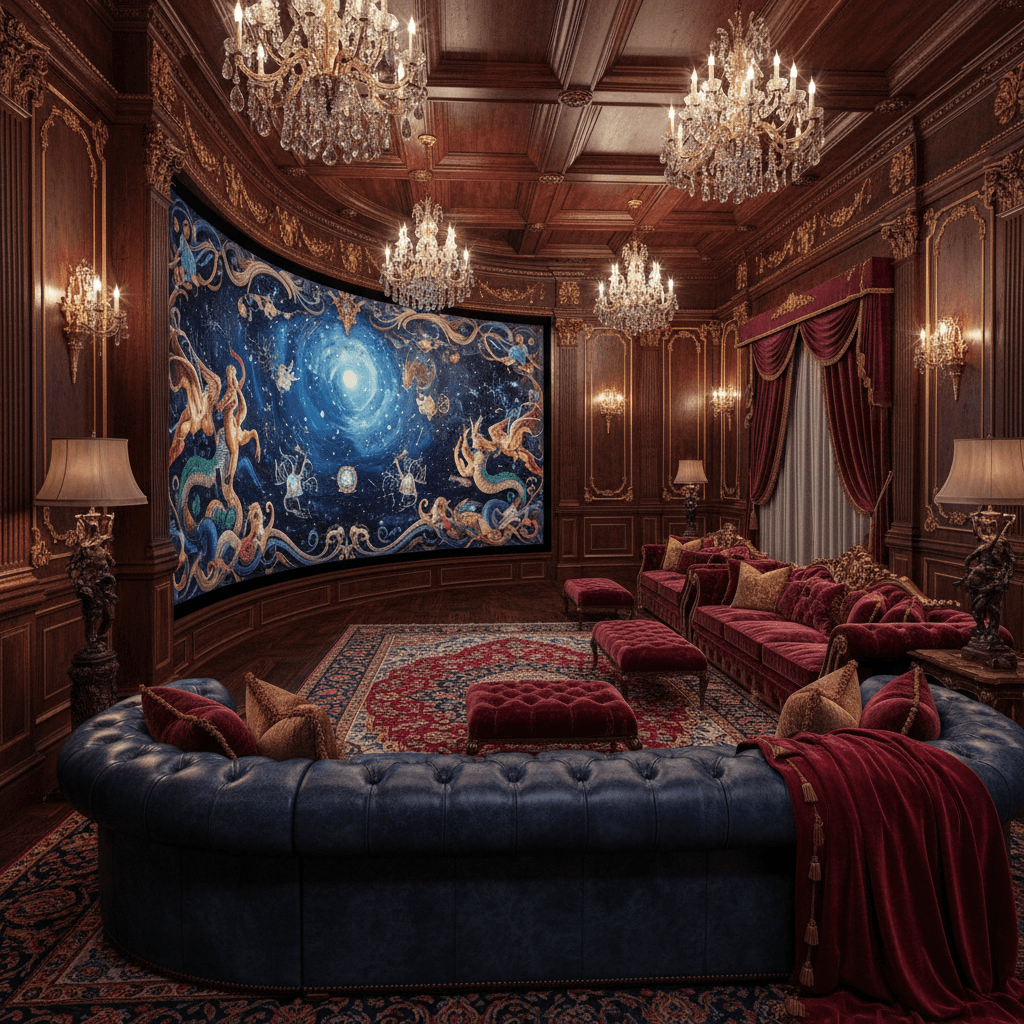 Imagine a Home Theater that embodies the opulence of a bygone era, with rich textures, jewel-toned accents, and lavish details that evoke the grandeur of a Victorian-era mansion. The space is dominated by a majestic, curved screen wall, its surface adorned with intricate, hand-painted murals of celestial bodies and mythical creatures. The seating area is upholstered in sumptuous, burgundy velvet, with matching ottomans and a plush, oversized sectional sofa. The walls are clad in dark, polished wood paneling, accented by gleaming, crystal chandeliers and sconces that cast a warm, golden glow. A sprawling, leather-bound sectional sofa in a deep, navy blue hue anchors the room, surrounded by floor lamps with ornate, bronze bases and draped in rich, crimson drapes that billow like a royal cloak. - Maximalist Home Theater designed with AI by Interiores AI