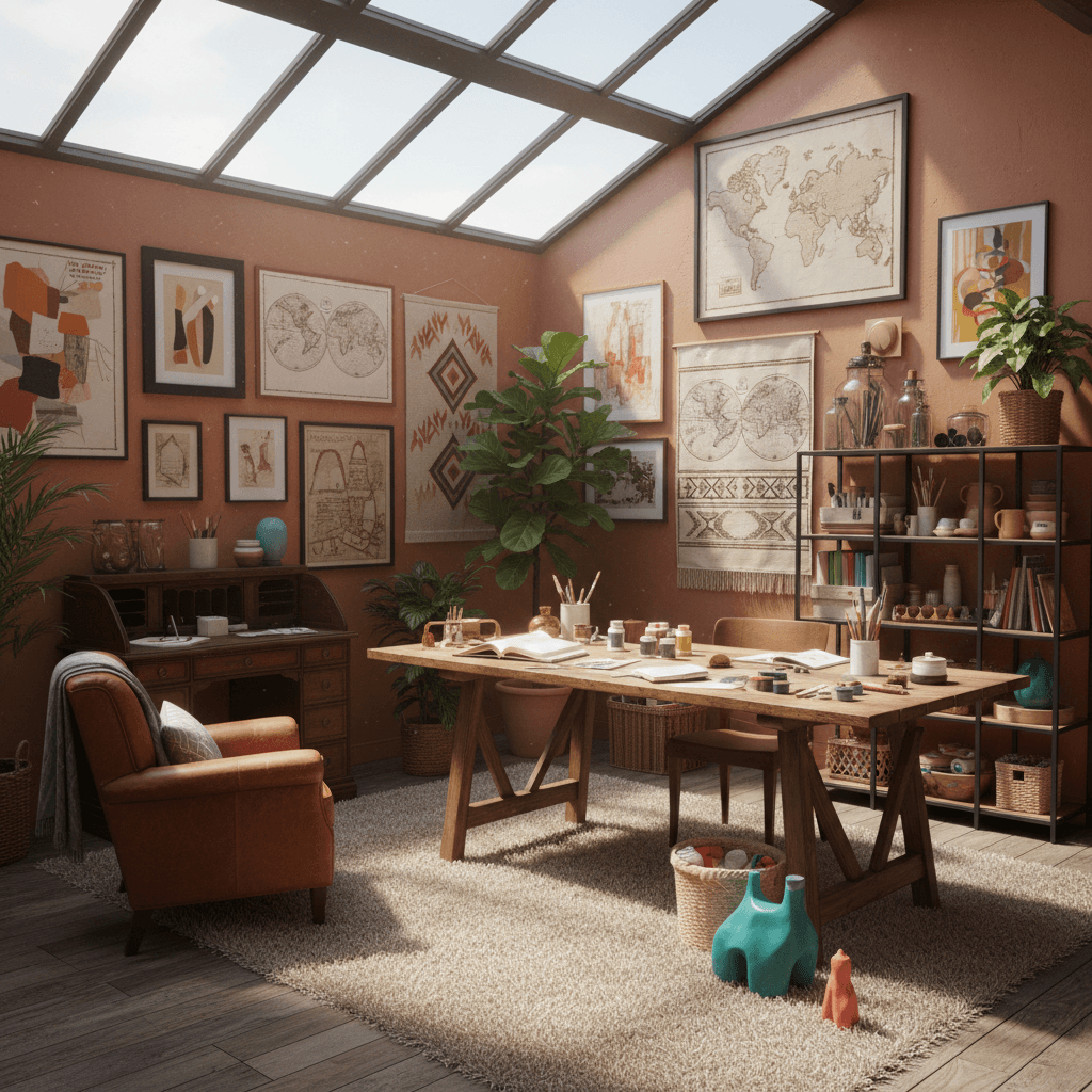 Design a Creative Workshop with a Balanced Eclectic style, featuring a combination of vintage and modern elements. The space should evoke a sense of curiosity and creativity. Incorporate rich, earthy tones such as terracotta, sienna, and oatmeal, with pops of brighter colors like turquoise and coral. The walls should be adorned with a mix of framed artwork, woven textiles, and vintage maps. The floor is made of reclaimed wood, with a plush area rug in a neutral tone. The room is filled with natural light, pouring in through a large skylight above a worktable. The space is furnished with a vintage wooden desk, a leather armchair, and a modern shelving unit displaying an assortment of art supplies and creative materials. The atmosphere is cozy and inviting, with a few well-placed greenery pieces adding a touch of whimsy and playfulness. - Balanced Eclectic Creative Workshop designed with AI by Interiores AI