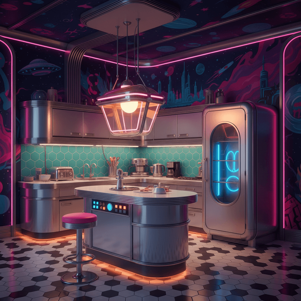 Design a kitchen in Retro Futuristic style, where sleek chrome accents, geometric shapes, and vibrant colors evoke a sense of nostalgia and technological wonder. The space features a vibrant turquoise backsplash, a gleaming chrome central island with a retro-style telephone booth-inspired pendant light, and a gleaming silver refrigerator with a vintage-inspired Smokey Dalton-style glass door. The walls are adorned with retro-futuristic-inspired murals depicting space-age landscapes, while the floors are covered in a mosaic of gleaming black and white hexagons. Neon pink accents and a hint of warm orange lighting add a pop of color, creating a truly futuristic and nostalgic kitchen that's equal parts retro and radical. - Retro Futuristic Kitchen designed with AI by Interiores AI