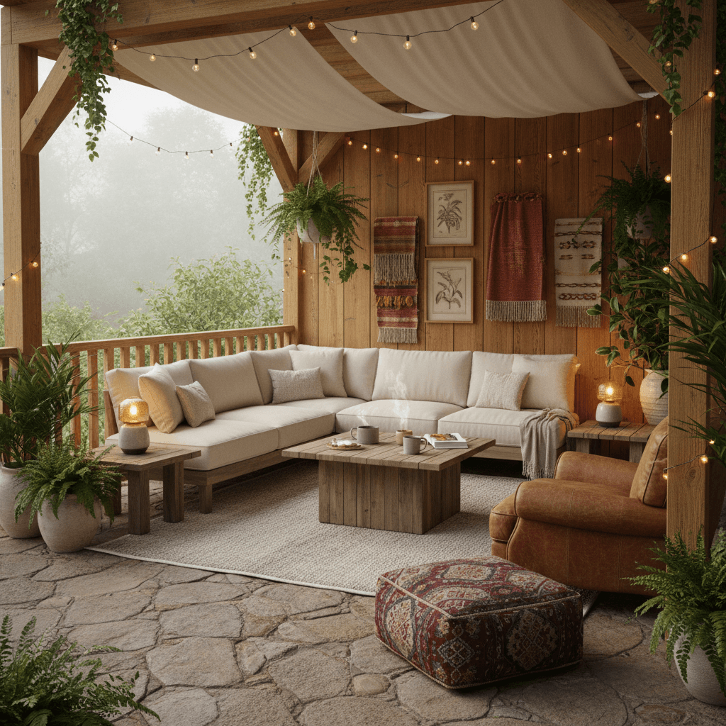 Imagine a serene and inviting Cozy Airbnb terrace nestled among lush greenery, perfect for relaxing and recharging. The space features a natural stone patio, warm honey-colored wooden accents, and plush cream-colored sectional sofas arranged around a low-slung, reclaimed wood coffee table. The walls are adorned with warm, earthy-toned throw blankets and vintage botanical prints, while the ceiling is draped with a delicate, cream-colored cotton canopy. Soft, warm lighting is provided by a combination of table lamps and string fairy lights wrapped around the patio's wooden pillars. A statement piece, a oversized, distressed leather armchair, sits atop a vintage Moroccan pouf, adding a pop of color and texture to the space. The overall atmosphere is cozy, intimate, and deeply calming, perfect for curling up with a good book or a warm cup of coffee on a chilly morning. - Cozy Airbnb Terrace designed with AI by Interiores AI