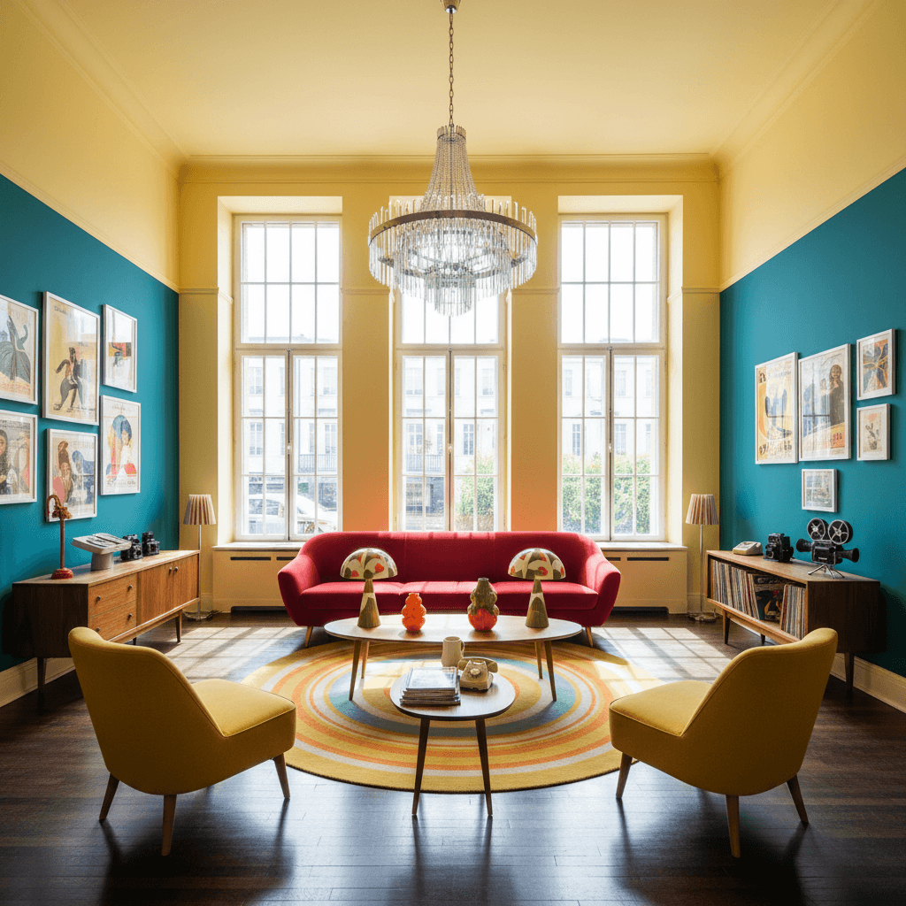 Design a vibrant Reception Area in Retro style, reminiscent of the 1950s and 60s. The space is approximately 100 square meters, with high ceilings and large windows that flood in natural light. Walls are painted a warm, sunny yellow (Benjamin Moore's "Sunny Yellow"), while the floors are made of dark hardwood, polished to a high sheen. The room is filled with vintage furniture, including a bold, red velvet sofa (think 1960s mod style) and a wooden coffee table adorned with retro-style lamps and vases. A stunning, floor-to-ceiling chrome and glass chandelier hangs from the ceiling, adding a touch of glamour and sophistication. Accent walls are painted a deep, rich turquoise (Valspar's "Driftwood"), and the space is filled with a curated selection of vintage posters, artwork, and retro-style decorative accessories, including vintage cameras, vinyl records, and classic movie cameras. - Retro Reception designed with AI by Interiores AI