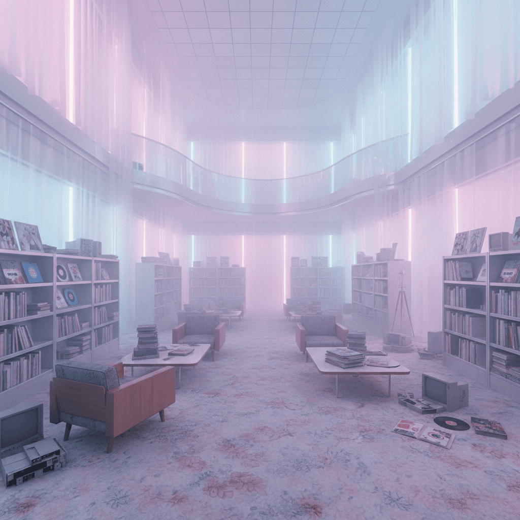 Design a futuristic library with a vaporwave twist, where retro-futuristic aesthetics meet dystopian decay. The space is characterized by a dominant pastel color palette, with soft pinks, blues, and purples dominating the walls, floors, and furniture. Neon lights in a gradient of pale pastels seep through the translucent walls, casting an ethereal glow on the space. Old computer parts, vinyl records, and cassette tapes are incorporated into the decor, while worn, distressed wood furniture and retro-style shelving units add a sense of nostalgia. The atmosphere is eerie and melancholic, with a hint of nostalgia for a bygone era, surrounded by a haze of fog and a perpetual sense of disconnection. The floor is covered in a thick, plush carpet in a faded floral pattern, and the air is thick with the scent of old books and ozone. - Vaporwave Library or Reading Room designed with AI by Interiores AI