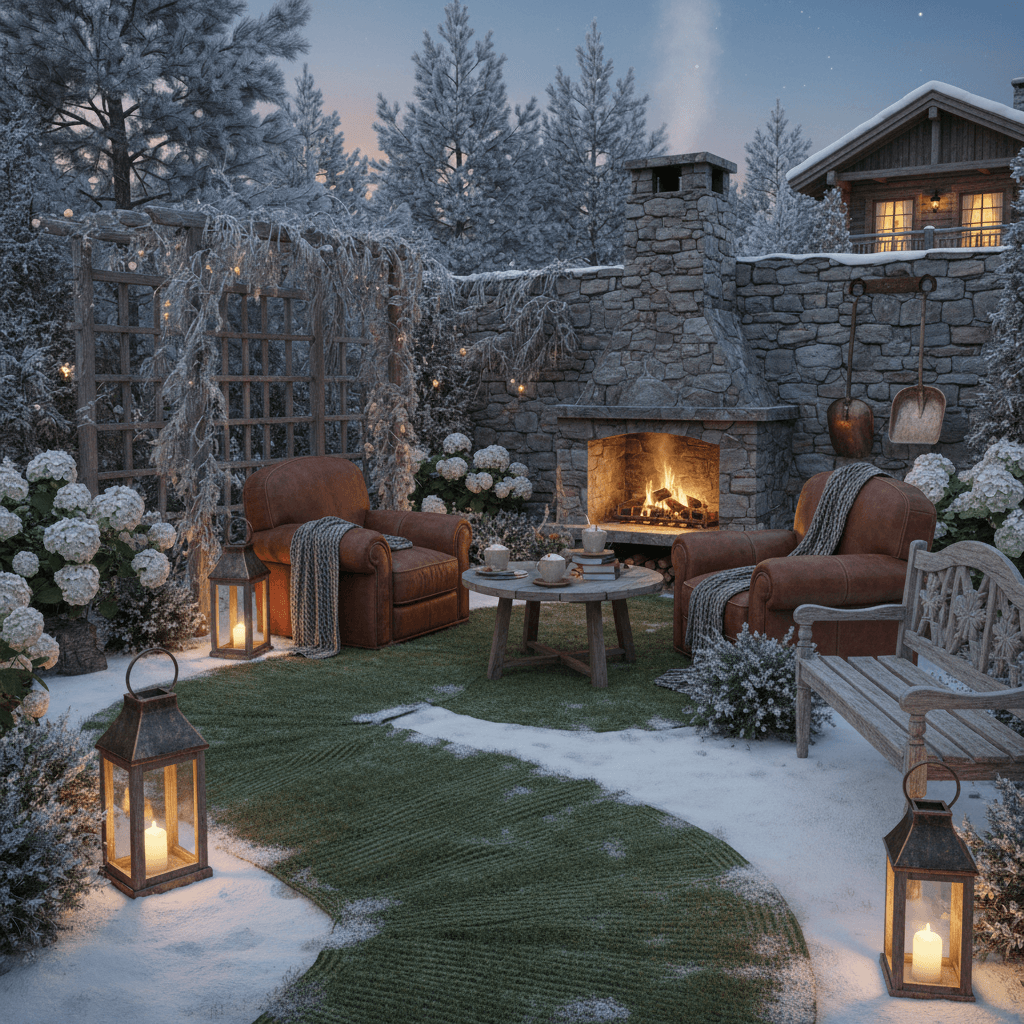 Design a serene Snow Chalet-style garden, where natural materials and earthy tones evoke a cozy cabin feel amidst the snow-covered surroundings. The space features a wooden trellis adorned with evergreen branches, supporting snow-white hydrangeas and frosted ferns. Soft, warm lighting from lanterns made of reclaimed wood and copper accents illuminates the snow-kissed pathways, lined with plush area rugs in a mossy green hue. The focal point is a rustic stone fireplace, surrounded by comfortable oversized armchairs in a rich, wooden tone, perfect for sipping hot cocoa by the fire. A delicate wooden bench in a weathered finish adds a touch of whimsy, while a vintage metal snow shovel hangs from a nearby hook, completing the charming, snow-filled retreat. - Snow Chalet Garden designed with AI by Interiores AI