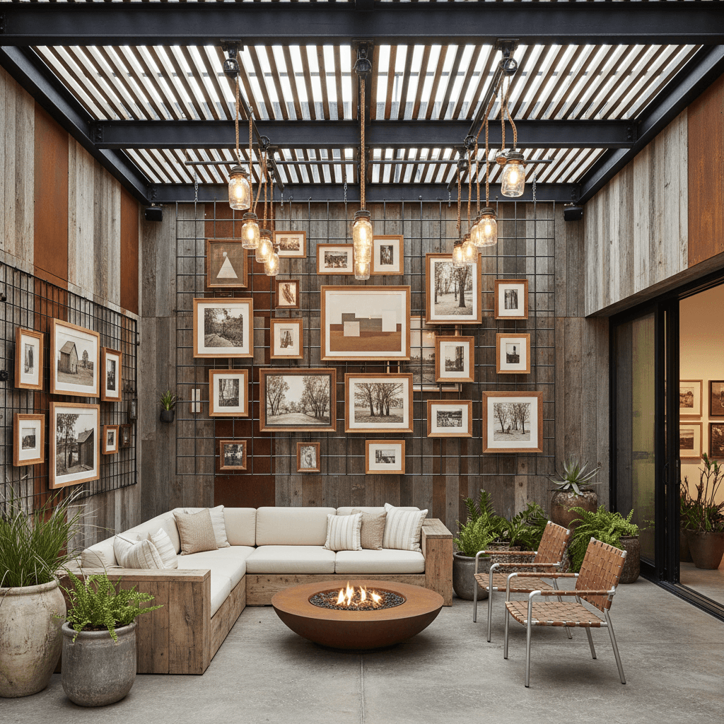 Create a Modern Rustic Covered Outdoor Gallery with exposed metal beams, reclaimed wood accents, and a rustic-chic color palette. The space features a large, metal-framed gallery wall with wooden frames, suspended from the ceiling by exposed metal brackets. The walls are adorned with a mix of modern art pieces and rustic photographs, set against a backdrop of reclaimed wood paneling and metal accents. Soft, warm lighting is provided by pendant lamps made from metal and mason jars, suspended from the beams. Comfortable, oversized outdoor furniture, such as a reclaimed wood sectional sofa and metal-framed armchairs, is arranged around a fire pit, surrounded by potted plants and greenery. The overall atmosphere is cozy, eclectic, and perfect for outdoor art exhibitions, events, and gatherings. - Modern Rustic Gallery designed with AI by Interiores AI