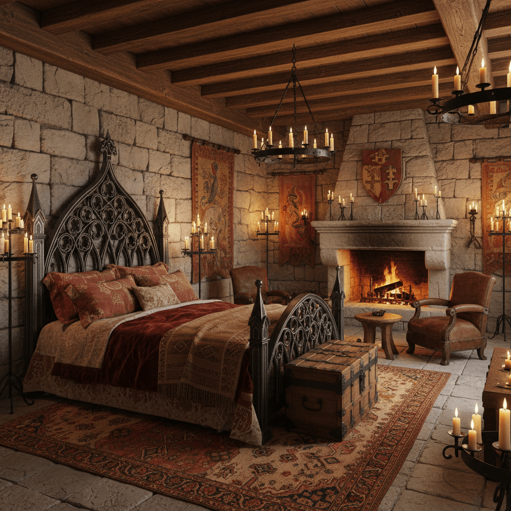 Design a cozy, rustic Master Bedroom in a medieval style, with stone walls and wooden beams. The room features a plush, velvet-draped bed with ornate, Gothic metalwork and plush, crimson linens. Earthy tones of terracotta, sienna, and golden brown dominate the space, with warm candlelight flickering from lanterns and candelabras. A large, stone fireplace stands against one wall, surrounded by comfortable, leather-upholstered chairs and a low, wooden stool. The atmosphere is intimate and regal, with rich textiles and warm, golden light casting a sense of comfort and luxury. - Medieval Master Bedroom designed with AI by Interiores AI
