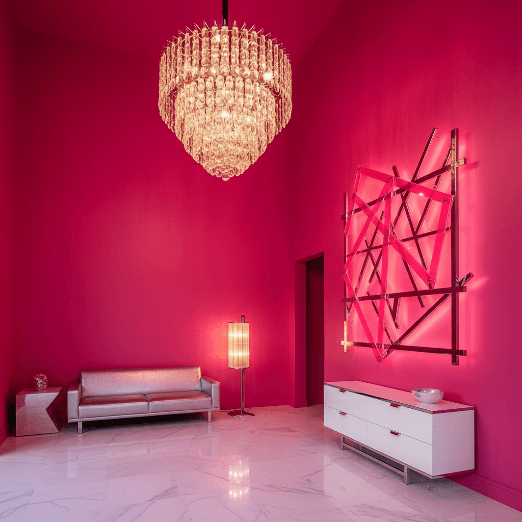 Design a vibrant hot pink entrance foyer, featuring a bold and playful aesthetic. The space is illuminated by a stunning chandelier with crystal drops in a frosted silver finish, suspended from the ceiling and casting a warm glow. The walls are painted a deep, rich hot pink, and the floors are made of polished white marble. A sleek, low-profile sofa in a metallic silver hue is placed against one wall, with a matching side table and a floor lamp in a sculptural design. A statement piece, a bold hot pink and chrome art installation, dominates one wall, while a console table in a white lacquer finish provides a practical surface for coats and accessories. The overall atmosphere is lively and energetic, perfect for making a statement as guests enter the home. - Hot Pink Entrance / Porch designed with AI by Interiores AI
