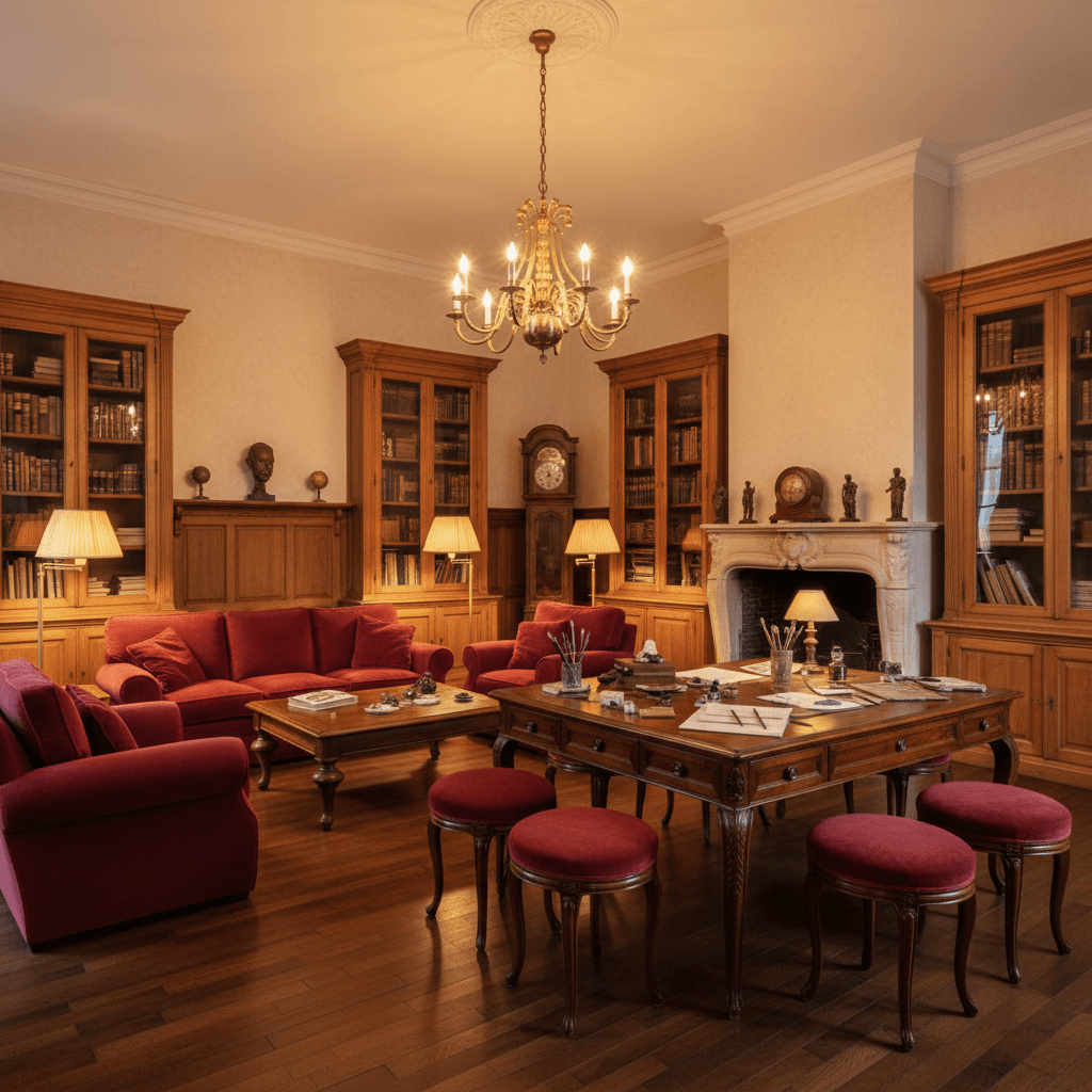 Imagine a cozy Creative Workshop in French Classic style, set in a charming 18th-century townhouse. The space features rich, warm tones, with cream-colored walls, wooden paneling, and dark hardwood floors. The room is filled with soft, golden lighting from floor lamps and a large, ornate chandelier. Comfortable, oversized armchairs and plush sofas in a deep, crimson red fabric invite relaxation and creativity. A beautifully crafted, wooden worktable dominates the center of the room, surrounded by comfortable, upholstered stools. Shelves and cabinets in warm, honey-colored wood add storage for art supplies, books, and other creative treasures. The atmosphere is intimate and inspiring, perfect for artists, writers, and designers seeking to tap into their imagination and bring their ideas to life. - French Creative Workshop designed with AI by Interiores AI