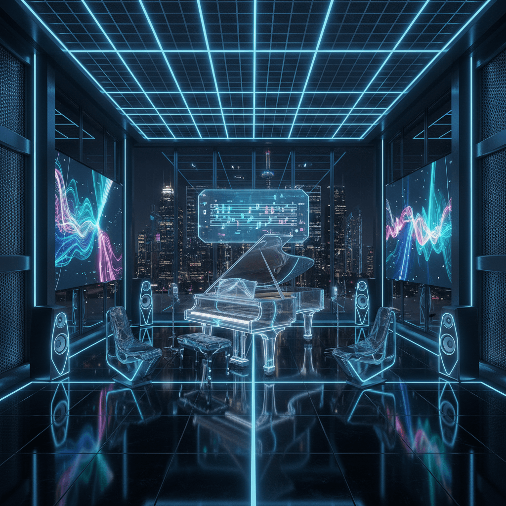 Design a futuristic music room with a sleek, high-tech aesthetic, where musicians can jam and create in a cutting-edge environment. The space features a polished obsidian floor, accentuated by neon blue accents and floor-to-ceiling LED screens displaying visualizations of music patterns. The walls are lined with floor-to-ceiling glass panels, offering a panoramic view of the city skyline. A curved, aerodynamic-shaped glass piano stands at the room's center, surrounded by a cluster of futuristic, LED-lit speakers and a holographic display screen. The room's atmosphere is energized by a pulsating, low-frequency LED light grid, and the air is filled with a subtle, synthesized scent of ozone. Walls are adorned with a metallic mesh, providing a futuristic, industrial feel. The overall design is a perfect blend of innovative technology and artistic expression. - Futuristic Music Room / Studio designed with AI by Interiores AI