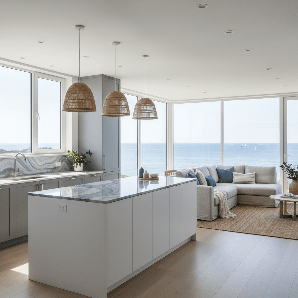 Design a bright and airy Modern Coastal-style kitchen with a focus on calming blues and whites, reminiscent of a seaside retreat. The space features a large, flat-panel white island with a geometric-patterned glass top, surrounded by sleek, low-profile cabinetry in a soft gray finish. Crisp white quartz countertops and a stunning blue-gray backsplash made from natural stone evoke the ocean's waves. Soft, warm lighting comes from pendant fixtures above the island, while recessed LED lights provide task illumination. A stunning wall of large windows frames the ocean view, and a comfortable, plush sectional sofa in a natural linen fabric is positioned in the adjacent seating area, inviting relaxation and warmth. - Modern Coastal Kitchen designed with AI by Interiores AI