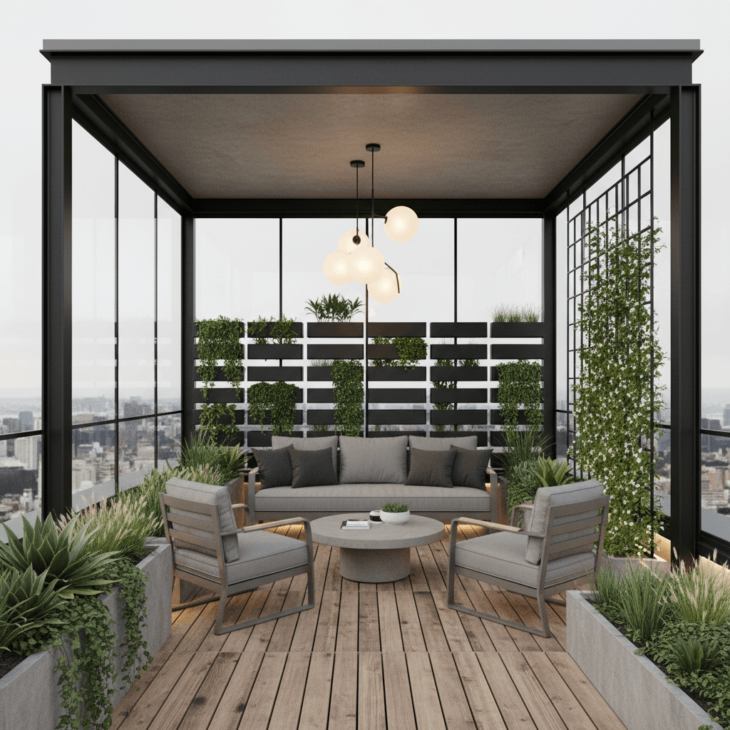 Design a compact urban terrace with a minimalist aesthetic, featuring a sleek, low-maintenance garden. The space is approximately 10x10 feet, with a flat roof and floor-to-ceiling glass walls that provide stunning city views. Incorporate a neutral color palette with pops of green, using materials such as weathered concrete, reclaimed wood, and durable steel. A low-profile, powder-coated metal sofa in a light gray hue anchors the seating area, surrounded by a planter wall adorned with lush, trailing plants. Soft, warm lighting from a series of LED strips and pendant lamps creates a cozy ambiance, while a floor-to-ceiling trellis supports a climbing vine or flowering shrub, adding a touch of whimsy to the space. - Compact Urban Terrace designed with AI by Interiores AI