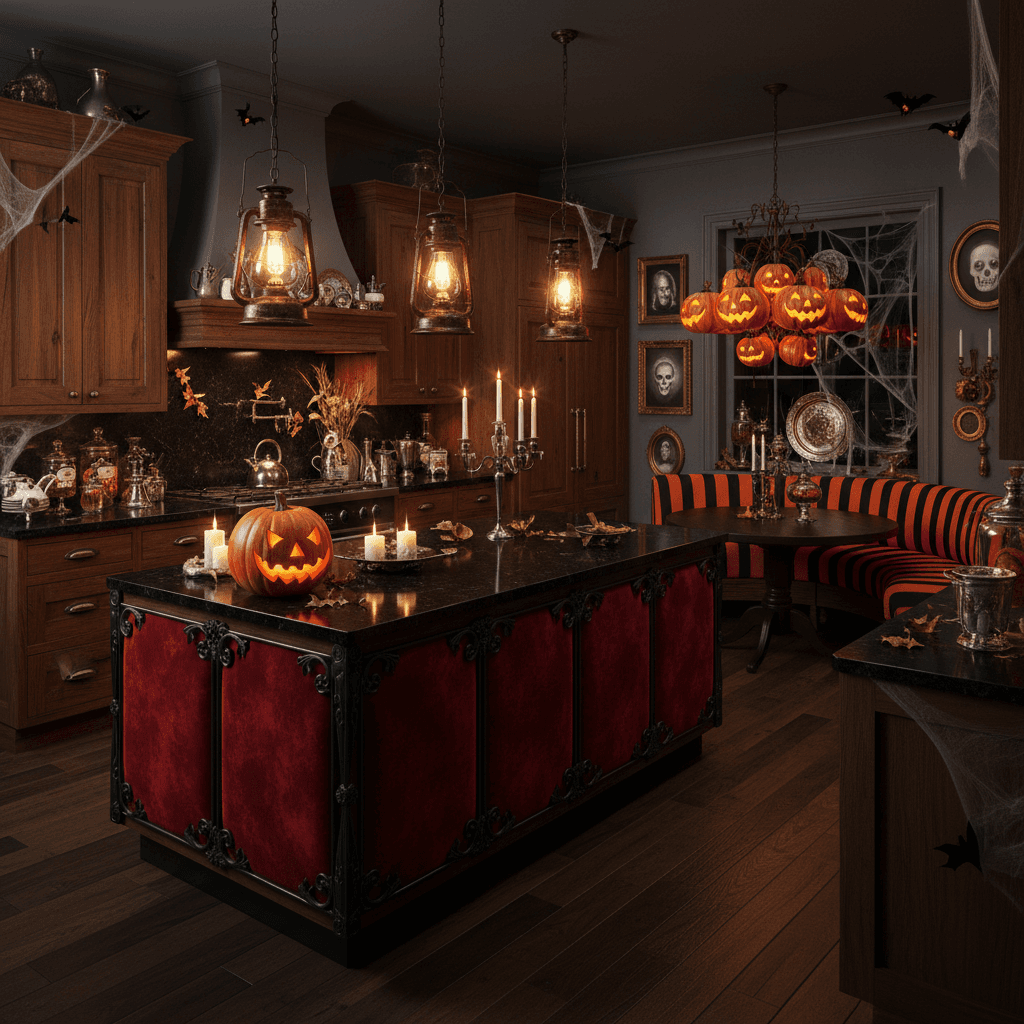 Design an Open Integrated Kitchen for a spooky Halloween celebration, with a dark and mysterious ambiance. The space features warm golden lighting, with pendant lamps made from distressed metal lanterns and Edison bulbs, casting an eerie glow on rich, dark wood cabinetry in a walnut finish. Walls are painted a deep, mysterious grey, while the floor is made of dark hardwood planks. A show-stopping, oversized kitchen island in a blood-red velvet upholstery sits at the heart of the space, adorned with gleaming black metal accents and eerie, white candles. In the adjacent dining area, a dramatic, curved banquette in a black-and-orange striped fabric adds a pop of color, while the overall atmosphere is set with a haunting collection of vintage, antique kitchenware and a show-stopping, glowing jack-o'-lantern chandelier. - Halloween Integrated Kitchen designed with AI by Interiores AI