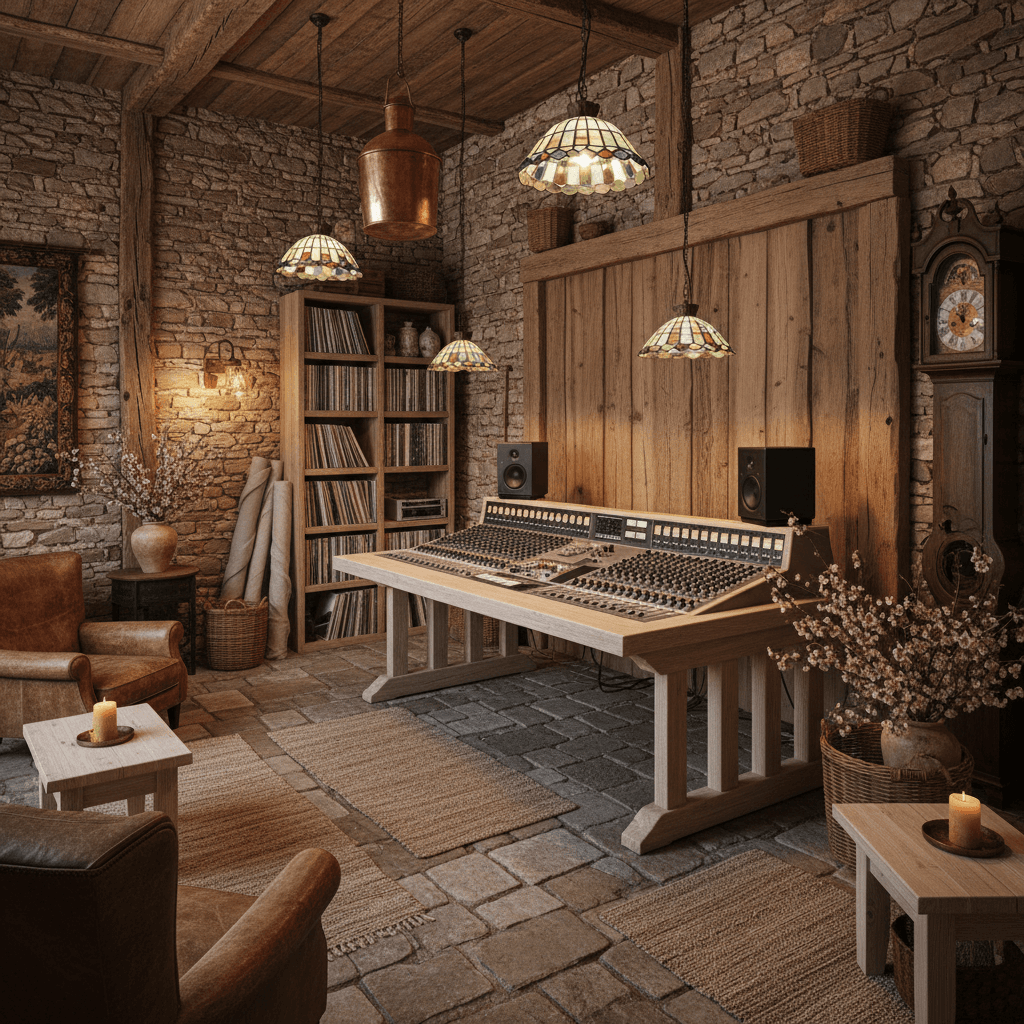 Create a French rustic–style recording studio, characterized by elements of stone, wood, and natural textures. The listening wall is clad in oak wood planks, while the mixing desks are made of light wood. The floor is Sarrasine stone, with oak wood planks used for shelving vinyl records and equipment. Lighting comes from copper lanterns and shaded lights with colored glass. The furniture consists of leather chairs and light-wood consoles, complemented by accessories made of beeswax and linen canvas. The décor is enhanced with cherry blossom flowers and oak branches, along with natural fabrics. - French Country Recording Studio / Streaming designed with AI by Interiores AI