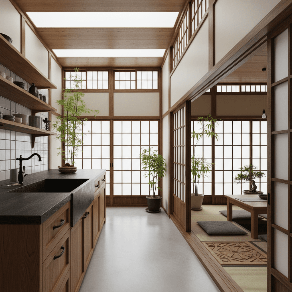 Generate an interior image of a seamless Open Integrated Kitchen in traditional Japanese Design style, incorporating natural materials and subtle color palette. The space features a large, dark-stained wooden counter, lined with Shaker-style cabinets in a warm, honey-colored finish, and topped with a beautiful, hand-forged iron sink. Sliding doors made from rich, dark wood separate the kitchen from the dining area, which boasts a stunning, hand-carved tatami-mat floor. The room is bathed in soft, natural light from a combination of skylights and shoji screens, casting a serene ambiance. Walls adorned with minimalist Shoji screens in a light wood finish, complemented by pops of vibrant greenery, create a visually striking contrast. A polished concrete floor in a light gray finish provides a subtle, modern contrast to the traditional materials. - Japanese Design Integrated Kitchen designed with AI by Interiores AI