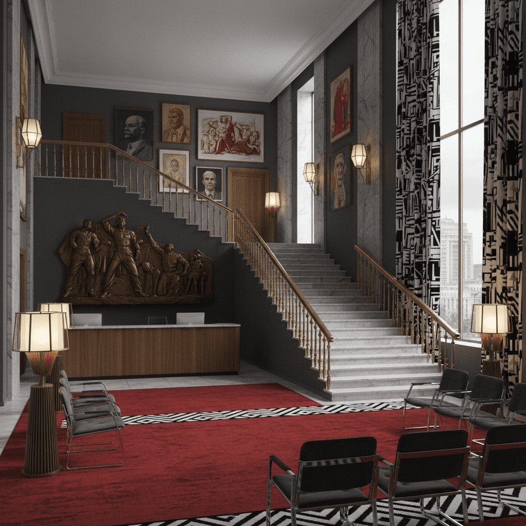 Design a Medical Office inspired by the grandeur of Soviet architecture, featuring a bold and imposing aesthetic. The space is dominated by a large, crimson-red reception area with a geometric-patterned rug and a sweeping, marble-clad staircase. The walls are painted a deep, cold grey, and adorned with iconic Soviet-era artwork, including reproductions of Lenin and other communist leaders. The furniture is functional and utilitarian, with sleek, chromed metal chairs and a minimalist wooden reception desk. The lighting is dramatic, with floor lamps featuring sculptural, Art Deco-inspired metalwork. A large, floor-to-ceiling windows offers a glimpse of the city beyond, with a bold, black-and-white geometric patterned curtain filtering the light. The atmosphere is one of stern, no-nonsense efficiency, with a hint of nostalgic grandeur. - Soviet Medical Office designed with AI by Interiores AI