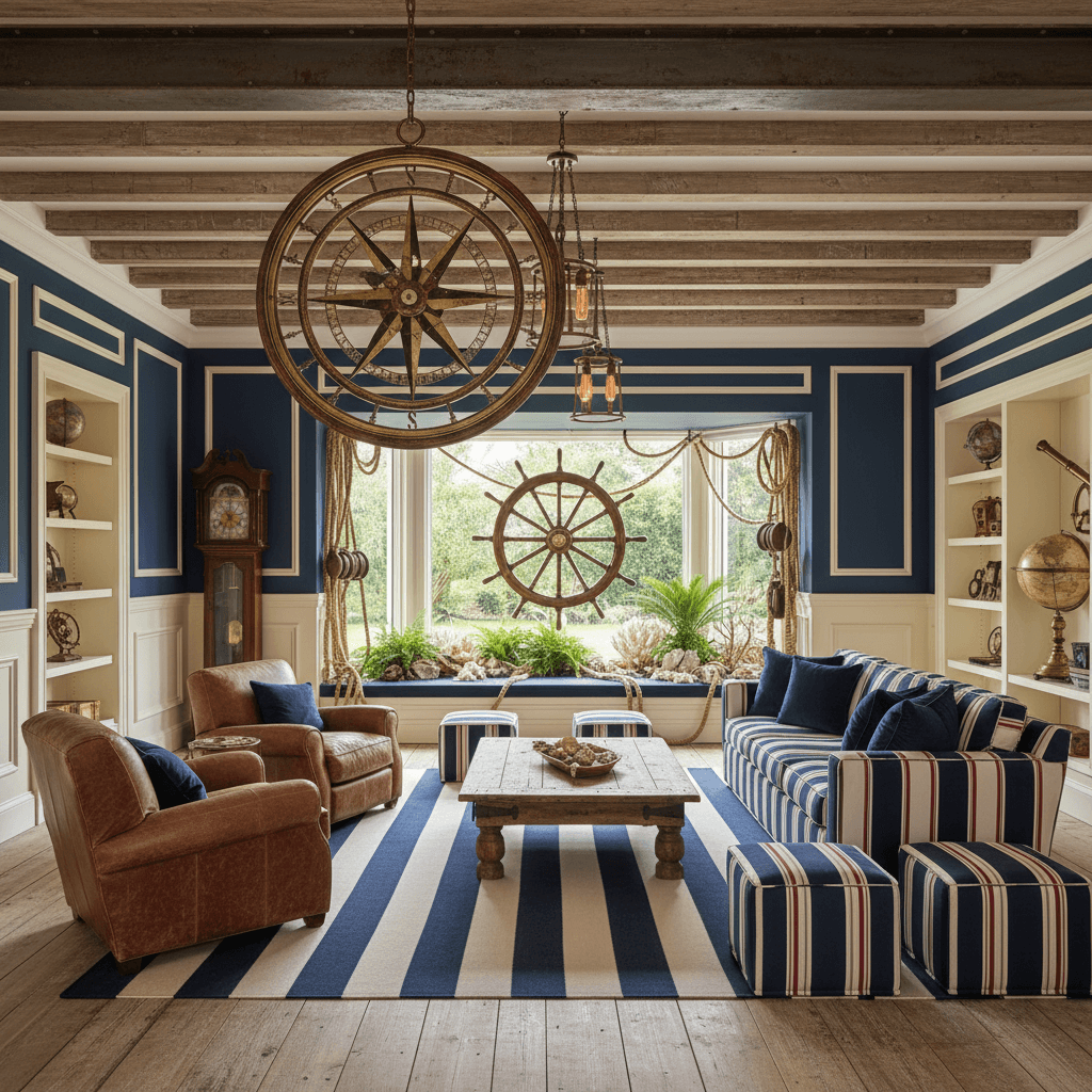 Design a spacious Main Living Room in a nautical theme, featuring weathered wooden accents, distressed leather armchairs, and a statement piece - a vintage 18th-century wooden compass hanging from a distressed metal beam. Walls are painted a soothing navy blue, complemented by crisp white trim and creamy yellow accents. The room is illuminated by warm, soft lighting, courtesy of antique pendant lamps above a worn, wooden coffee table adorned with a plush navy blue and white striped rug. Comfortable, oversized armchairs and a plush sectional sofa in navy, red, and white stripes anchor the space, with navy blue throw pillows and matching ottomans adding pops of color. A floor-to-ceiling window display showcases a beautifully crafted, wooden ship's wheel, its ropes and pulleys in place, surrounded by lush greenery and seashells, creating a seamless transition between indoors and outdoors. - Nautical Main Living Room designed with AI by Interiores AI