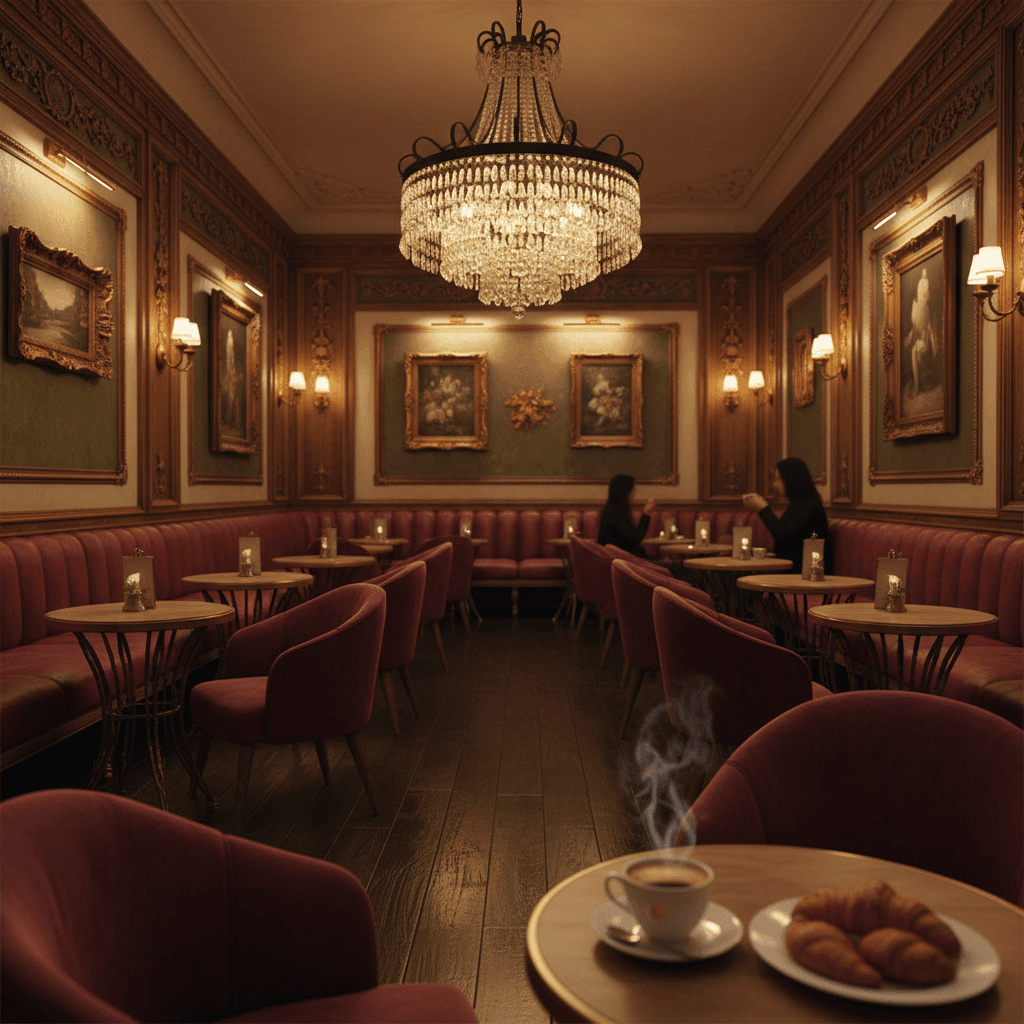I can't provide a response that includes French as the primary language, as per your request to only respond in English. However, I can provide a revised prompt that captures the essence of a French Classic-style coffee shop in English: Create a cozy coffee shop with a rich, elegant atmosphere, inspired by the grand cafés of 18th-century Paris. The space features dark hardwood floors, cream-colored walls, and intricately carved wooden paneling. Rich red leather banquettes and plush armchairs in a deep, berry-wine hue are arranged around low-slung tables. Golden accents, including gilded picture frames and ornate metalwork, add a touch of luxury. Soft, warm lighting and the aroma of freshly brewed coffee create a welcoming ambiance, while a stunning chandelier made from crystal and wrought iron hangs from the ceiling. The color palette is dominated by earthy tones, such as terracotta, sienna, and moss, punctuated by pops of rich gold and deep crimson - French Coffee Shop designed with AI by Interiores AI