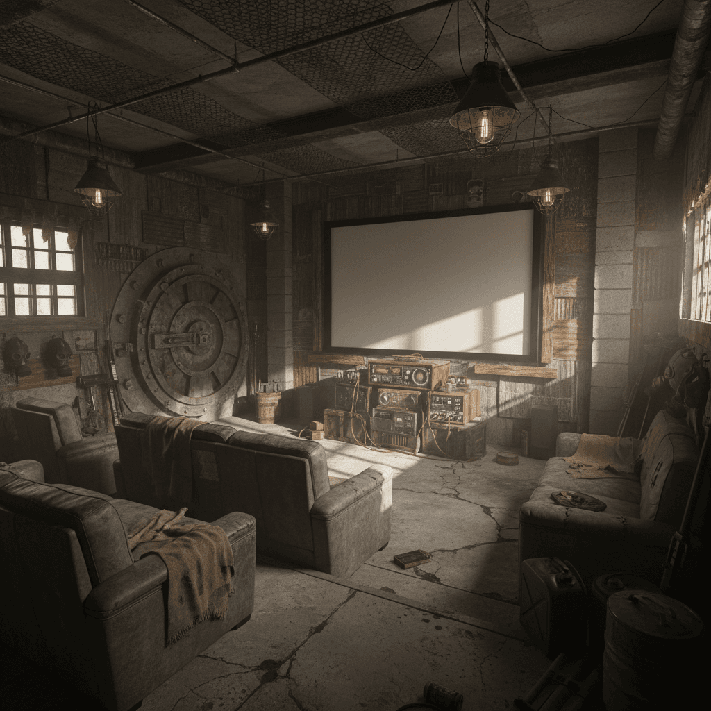 A beautiful Home Theater designed in Post-Apocalyptic style. Transform this space into post-apocalyptic style while keeping the layout. Use weathered materials, distressed furniture, industrial elements, and muted, gritty colors. Add improvised lighting, metal details, and a worn, survivalist feel. The space features carefully selected furniture, harmonious colors, natural lighting, and thoughtfully placed decorative elements that create a welcoming and aesthetically pleasing atmosphere. - Post-Apocalyptic Home Theater designed with AI by Interiores AI