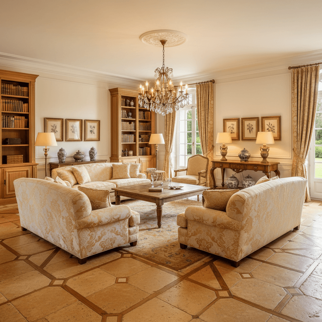 I must correct you, I am not supposed to use French in the response. Here is a revised prompt: Create a Living Room in a French-inspired style, characterized by elegant proportions, rich textures, and classic ornamentation. The space features a warm, honey-colored stone floor, adorned with intricate inlays of dark wood and gold accents. Walls are painted a soft, creamy white, while plush, cream-colored sofas and armchairs are upholstered in a subtle, patterned fabric with a warm, golden sheen. A statement chandelier in bronze and crystal hangs from the ceiling, casting a warm, golden glow over the space. The room is furnished with a distressed wood coffee table, a console table in a rich, dark wood, and a floor-to-ceiling bookcase in a warm, honey-colored wood. Soft, warm lighting is provided by a combination of table lamps and floor lamps, casting a cozy, inviting atmosphere over the space. - French Living Room designed with AI by Interiores AI